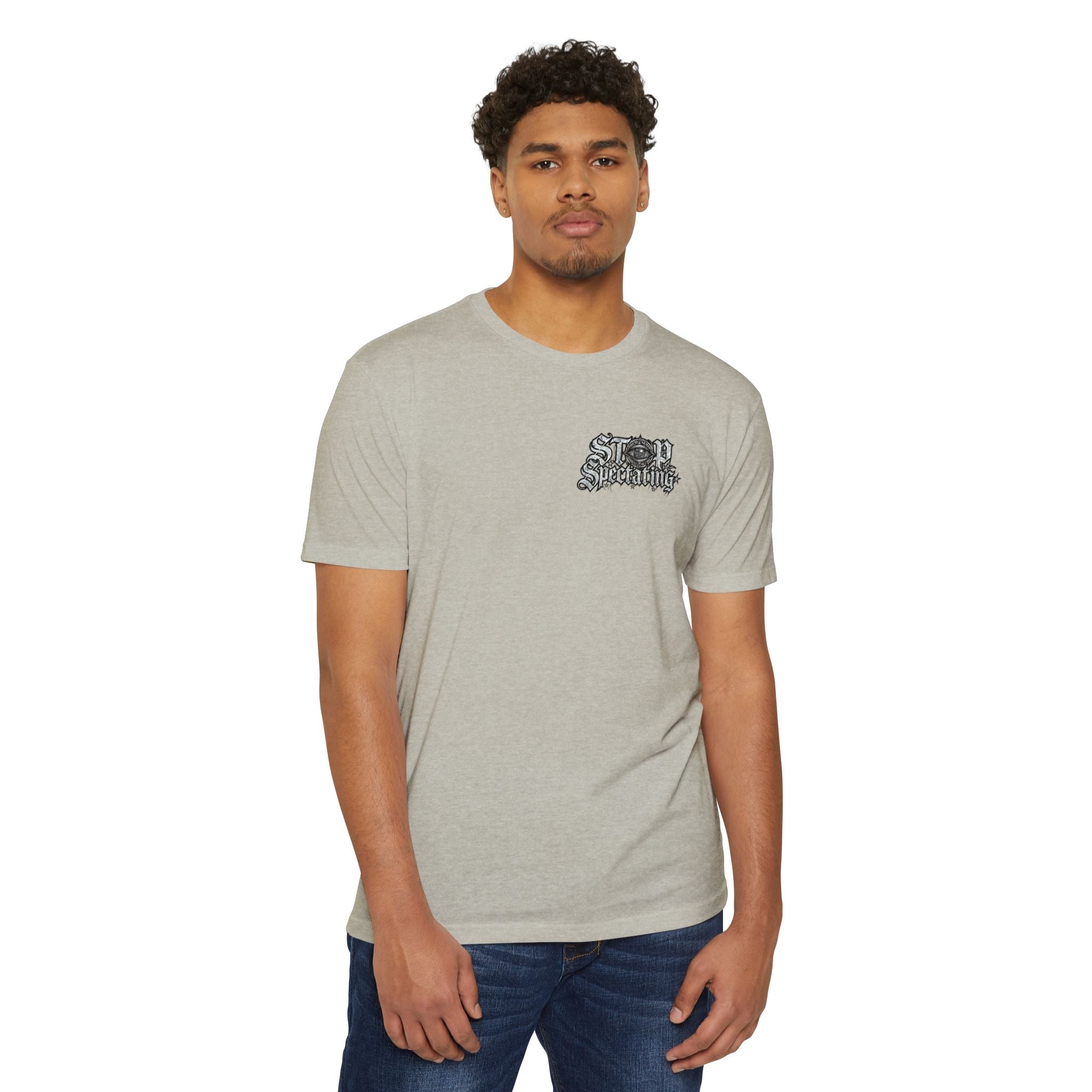 Stop Spectating Left chest/Back Logo Tee - 60/40 Blend/Light Colors