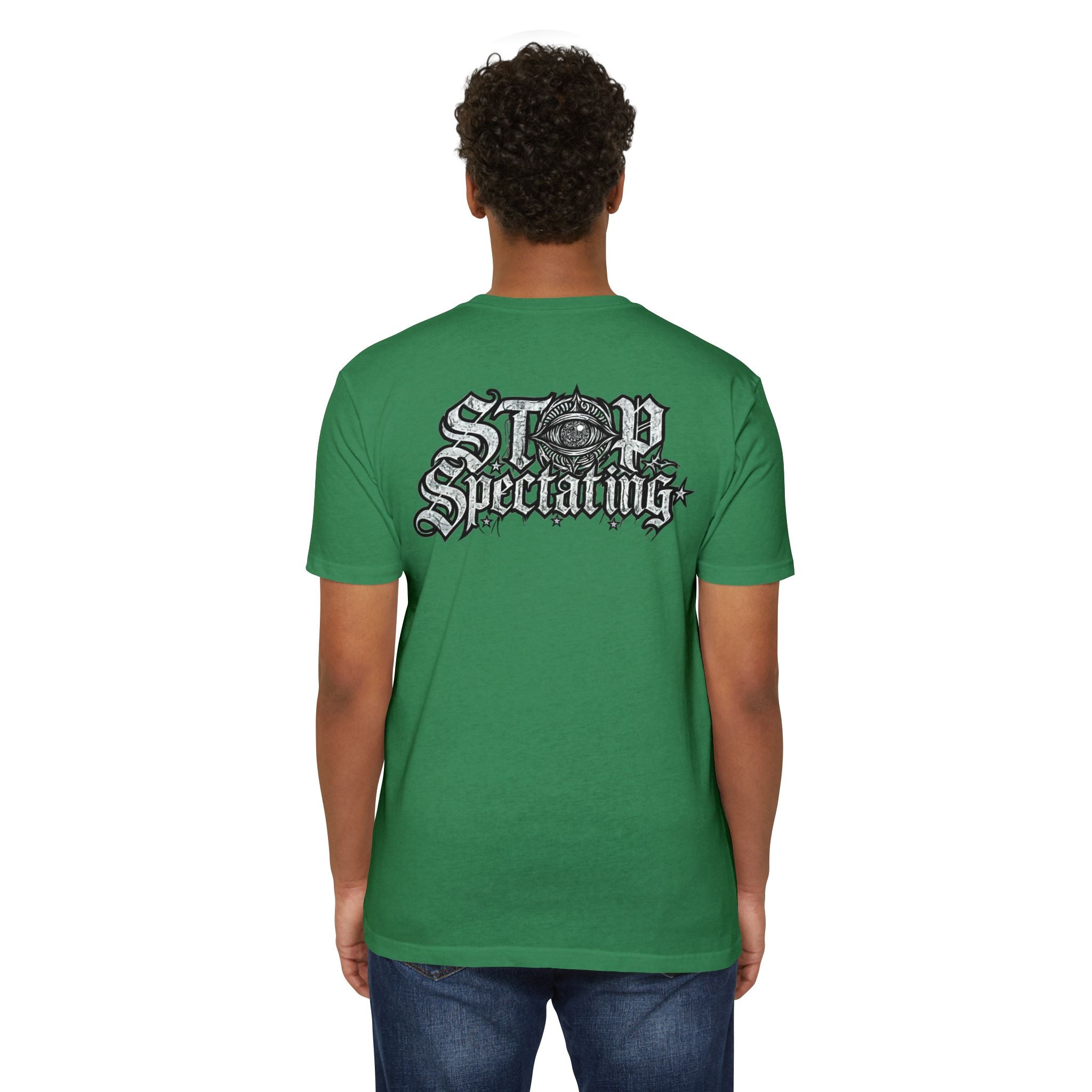 Stop Spectating Left chest/Back Logo Tee - 60/40 Blend/Dark Colors