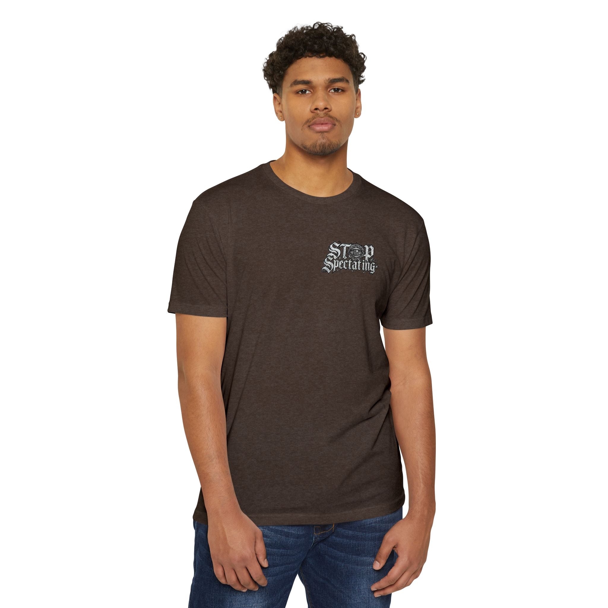 Stop Spectating Left chest/Back Logo Tee - 60/40 Blend/Light Colors