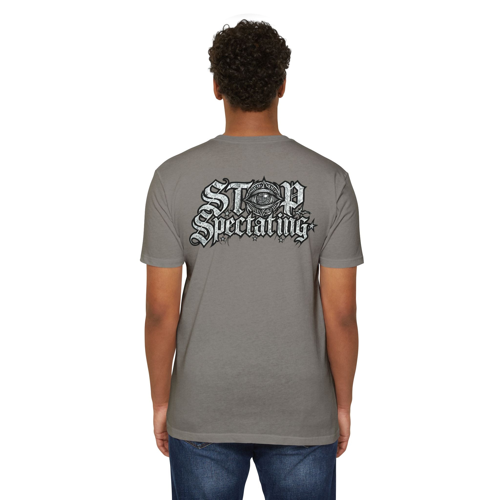 Stop Spectating Left chest/Back Logo Tee - 60/40 Blend/Light Colors