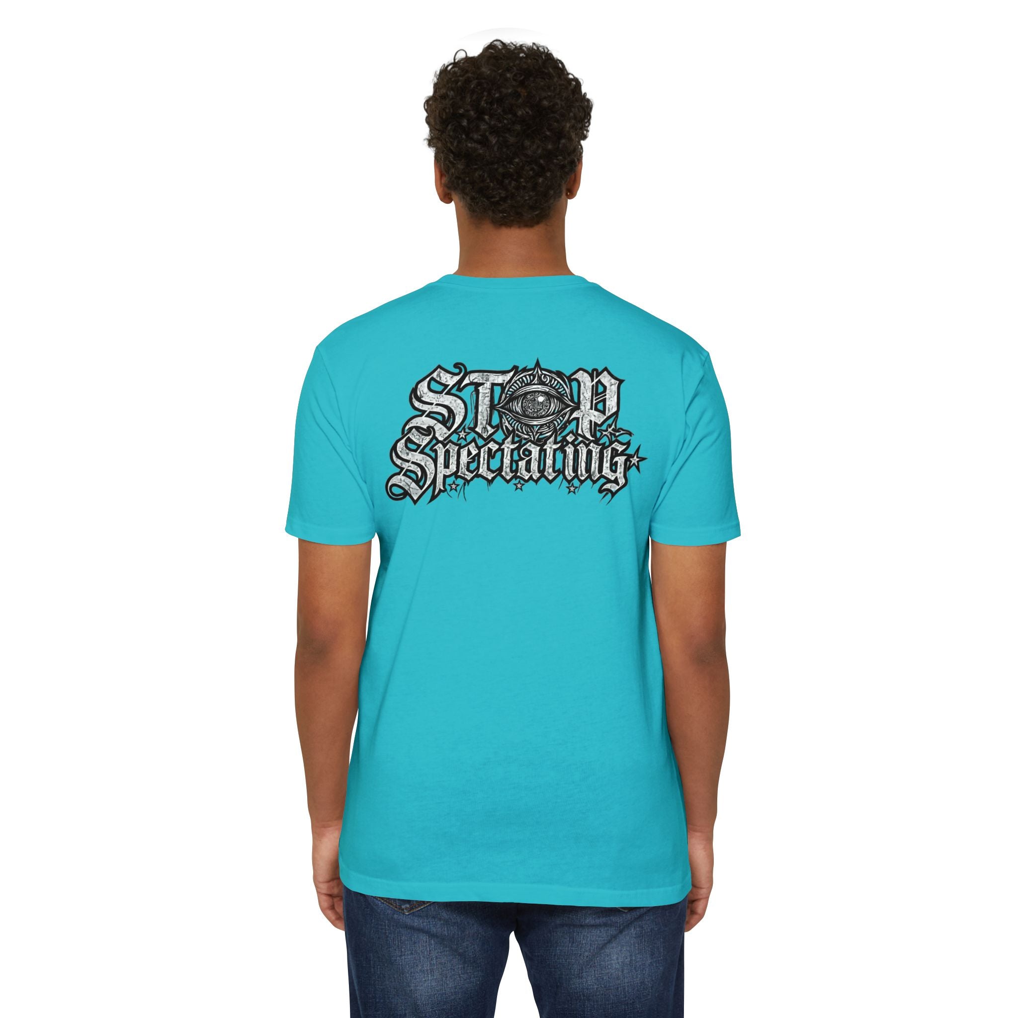 Stop Spectating Left chest/Back Logo Tee - 60/40 Blend/Light Colors