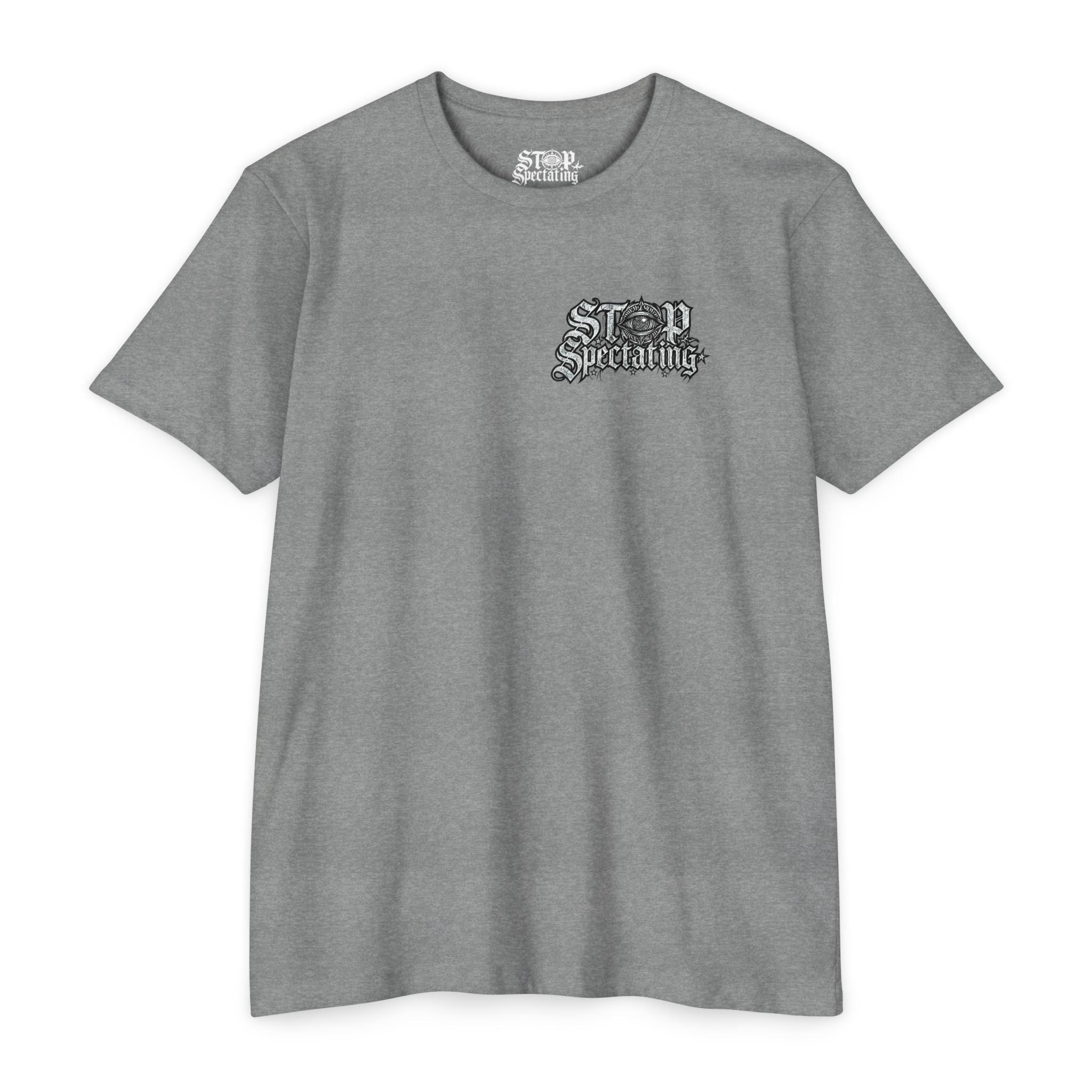 Stop Spectating Left chest/Back Logo Tee - 60/40 Blend/Dark Colors