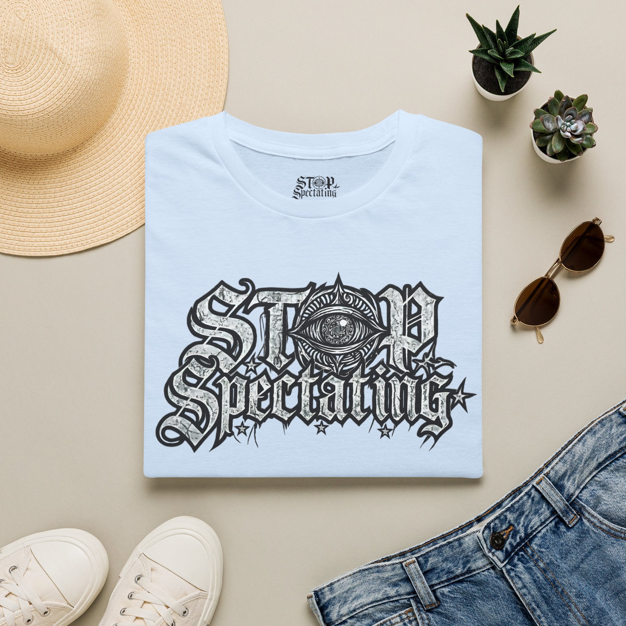 Stop Spectating Large Chest Logo Tee - 100% Cotton/Light Colors