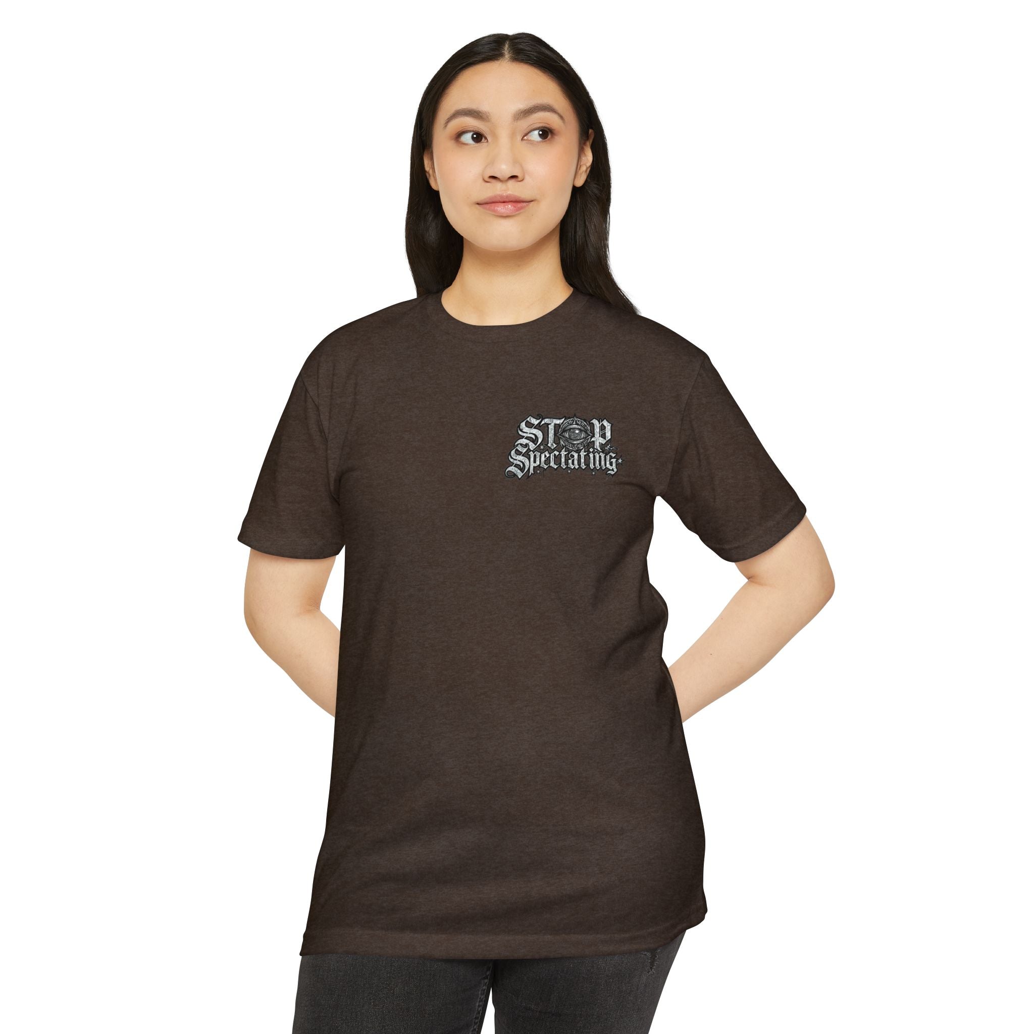 Stop Spectating Left chest/Back Logo Tee - 60/40 Blend/Light Colors