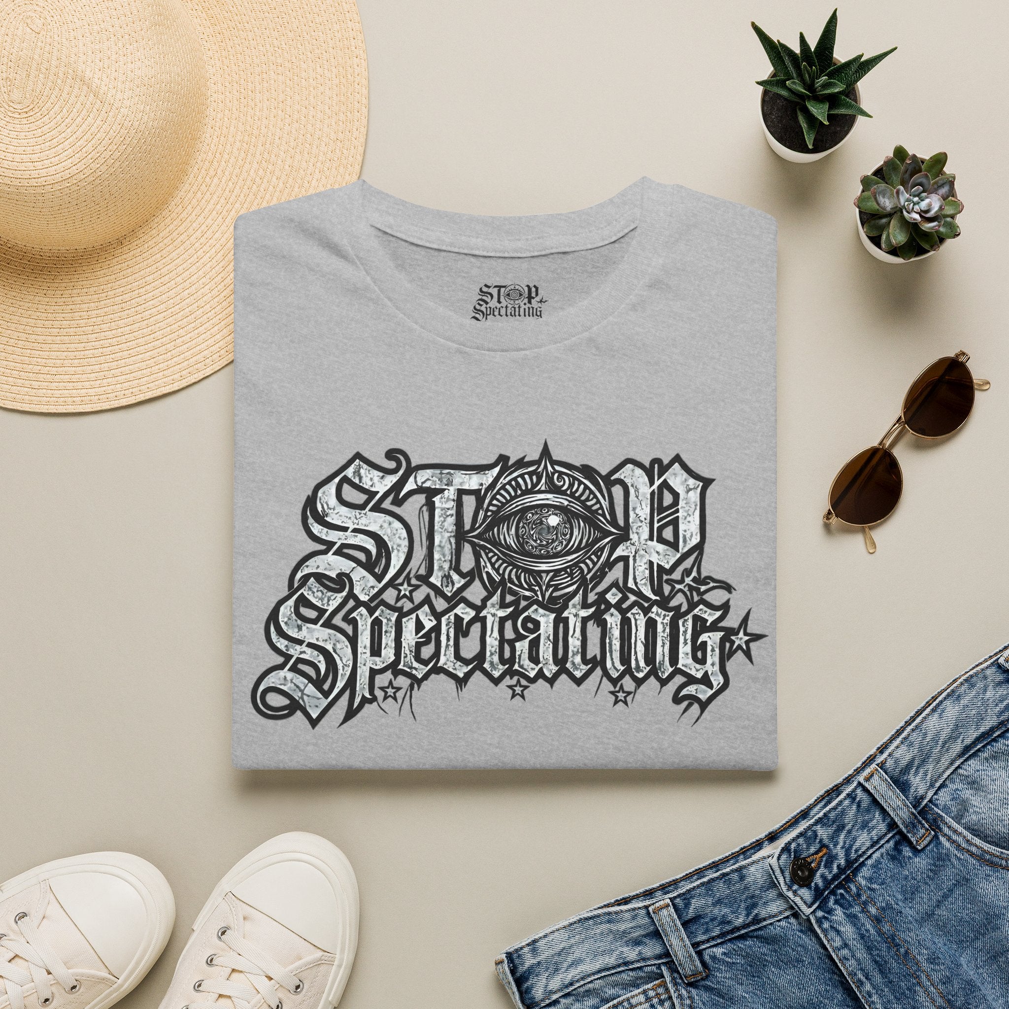 Stop Spectating Large Chest Logo Tee - 100% Cotton/Light Colors
