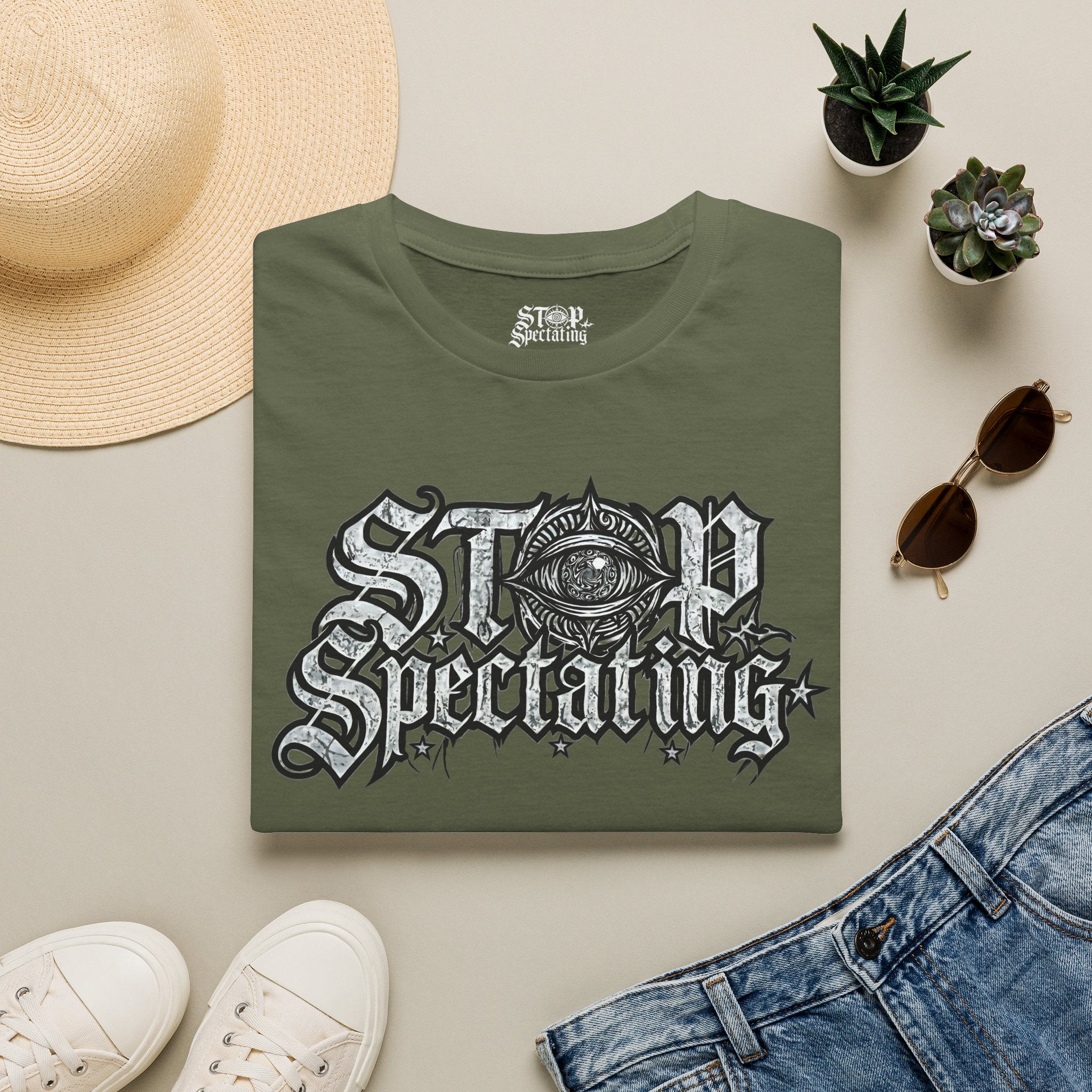 Stop Spectating Large Chest Logo Tee - 100% Cotton/Dark Colors