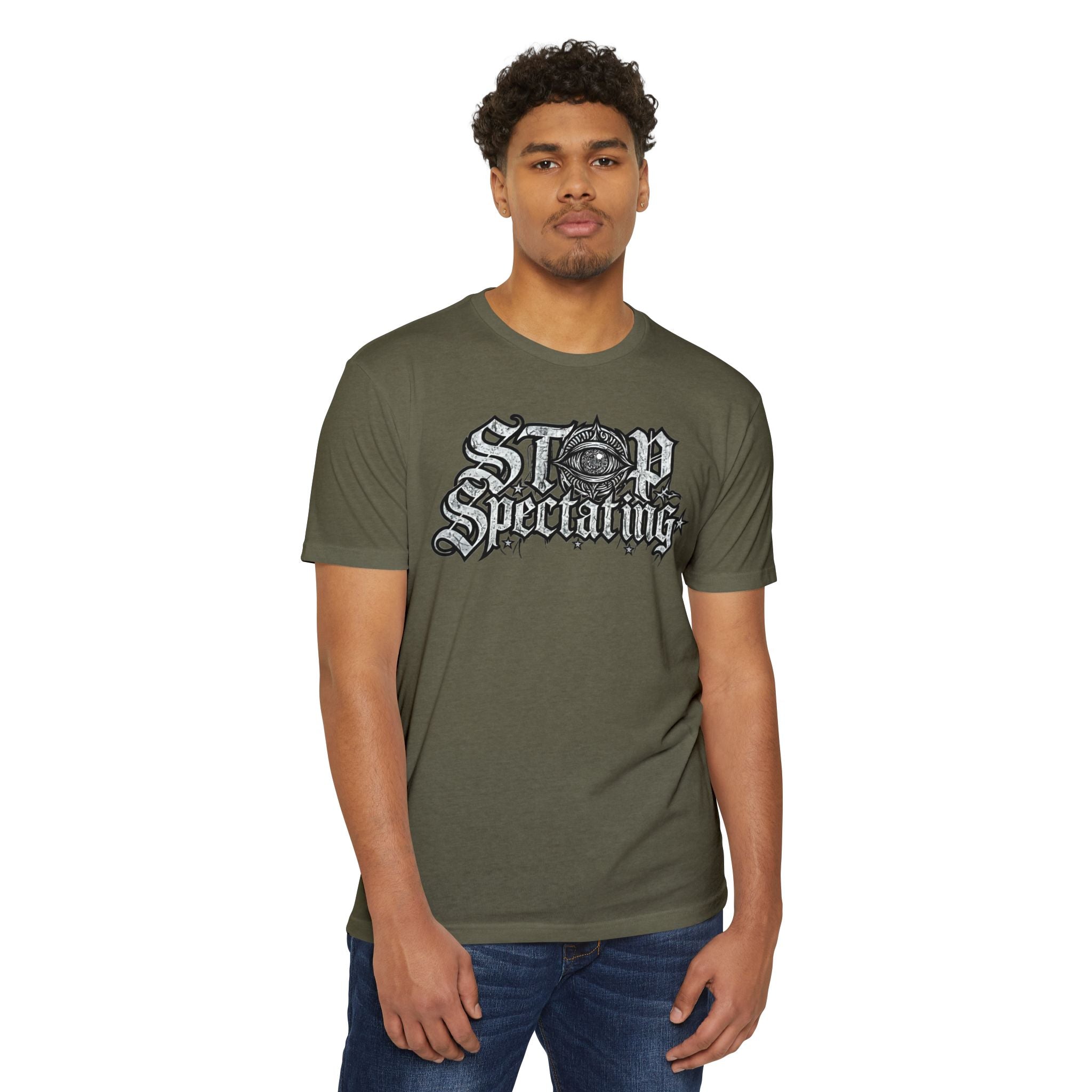 Stop Spectating Large Chest Logo Tee  - 60/40 Blend/Dark Colors