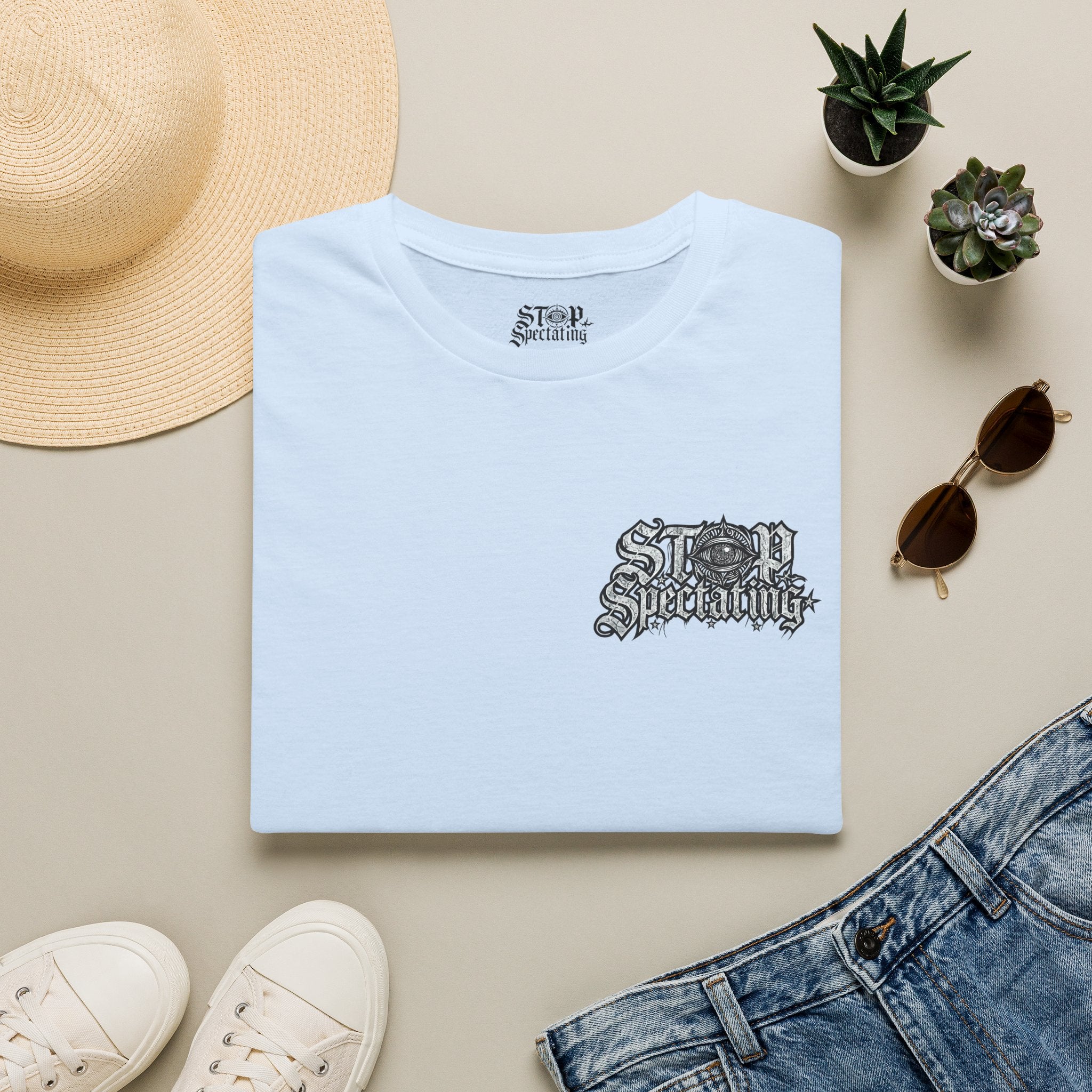 Stop Spectating Left Chest/Back Logo Tee - 100% Cotton/Light Colors
