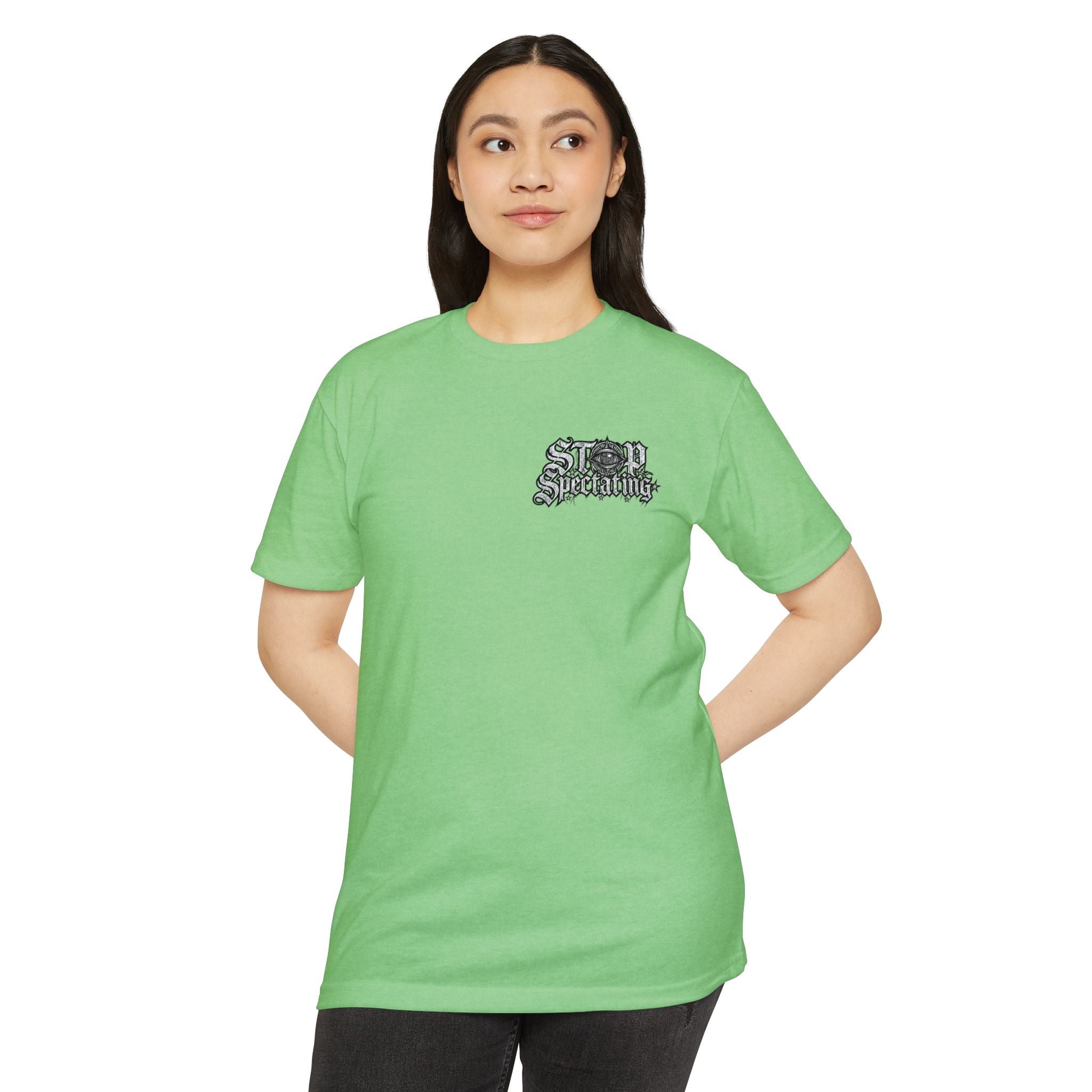 Stop Spectating Left chest/Back Logo Tee - 60/40 Blend/Light Colors