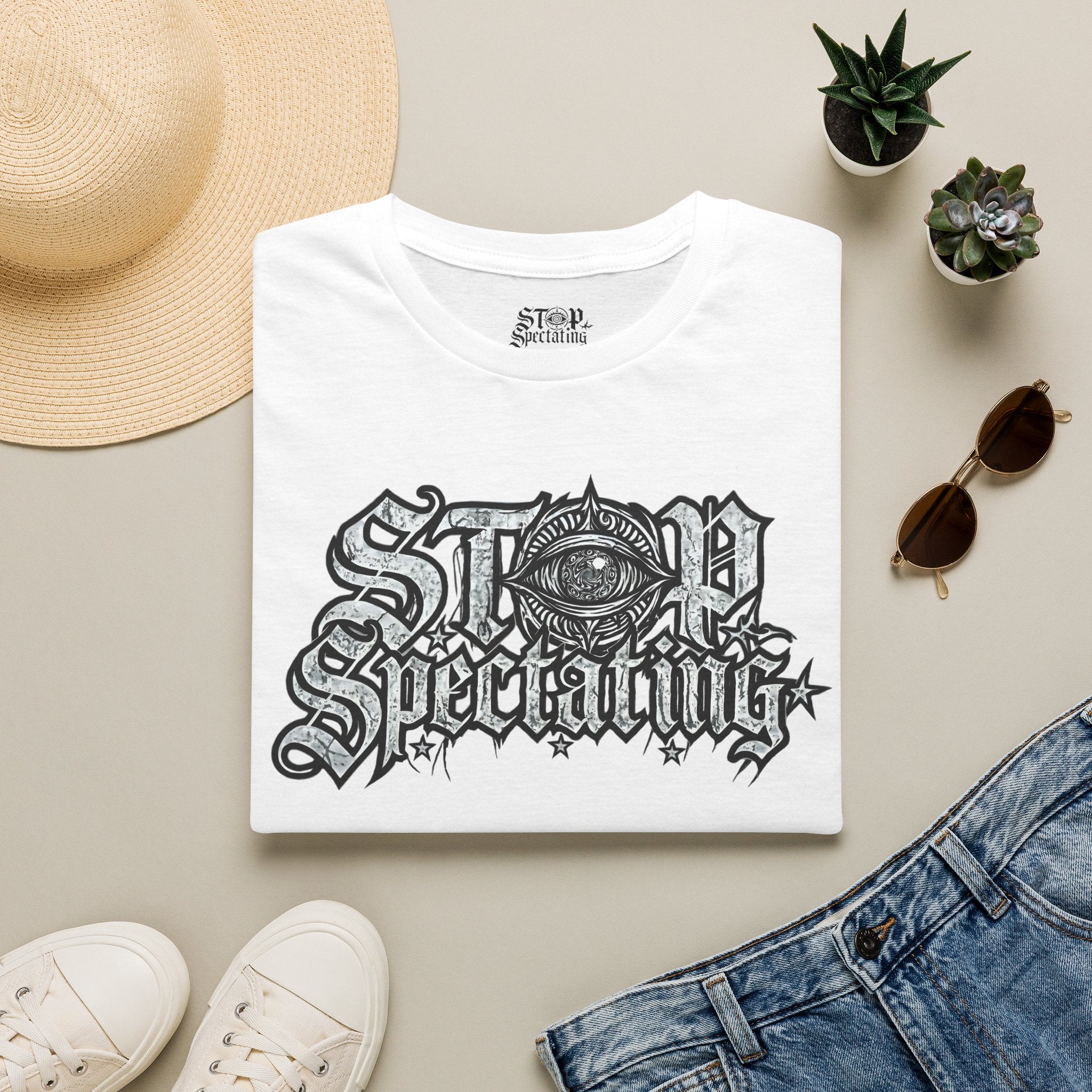 Stop Spectating Large Chest Logo Tee - 100% Cotton/Light Colors