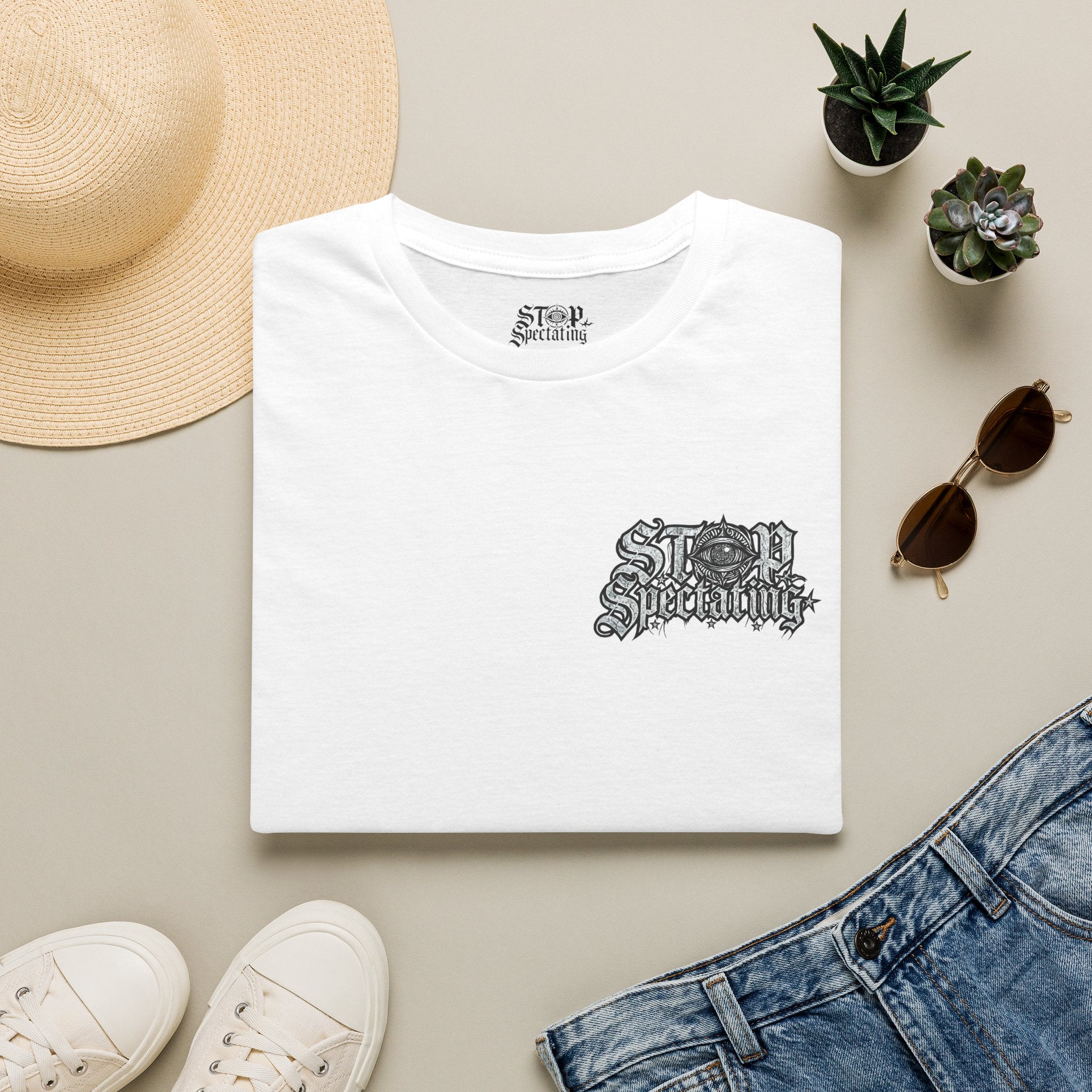 Stop Spectating Left Chest/Back Logo Tee - 100% Cotton/Light Colors