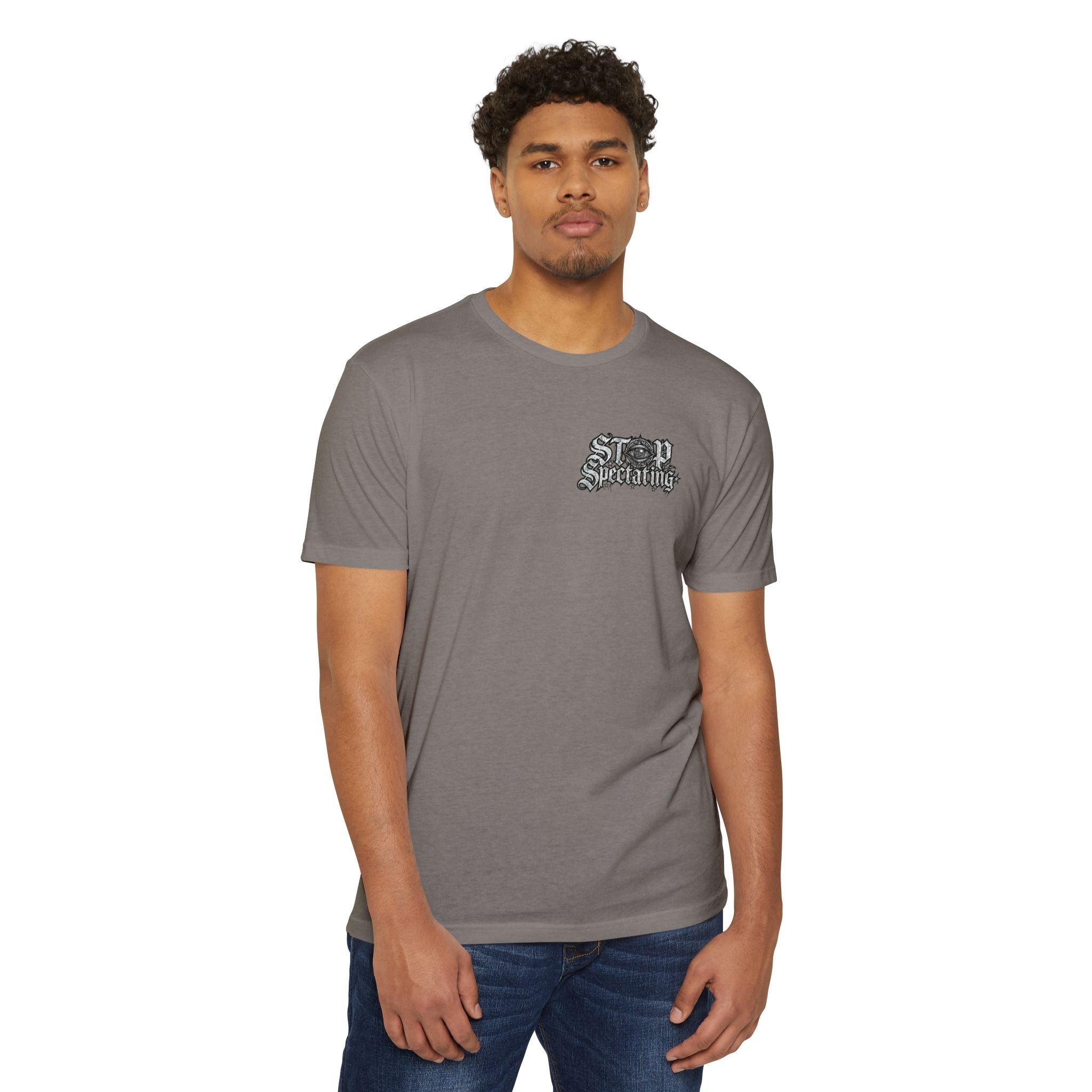Stop Spectating Left chest/Back Logo Tee - 60/40 Blend/Light Colors