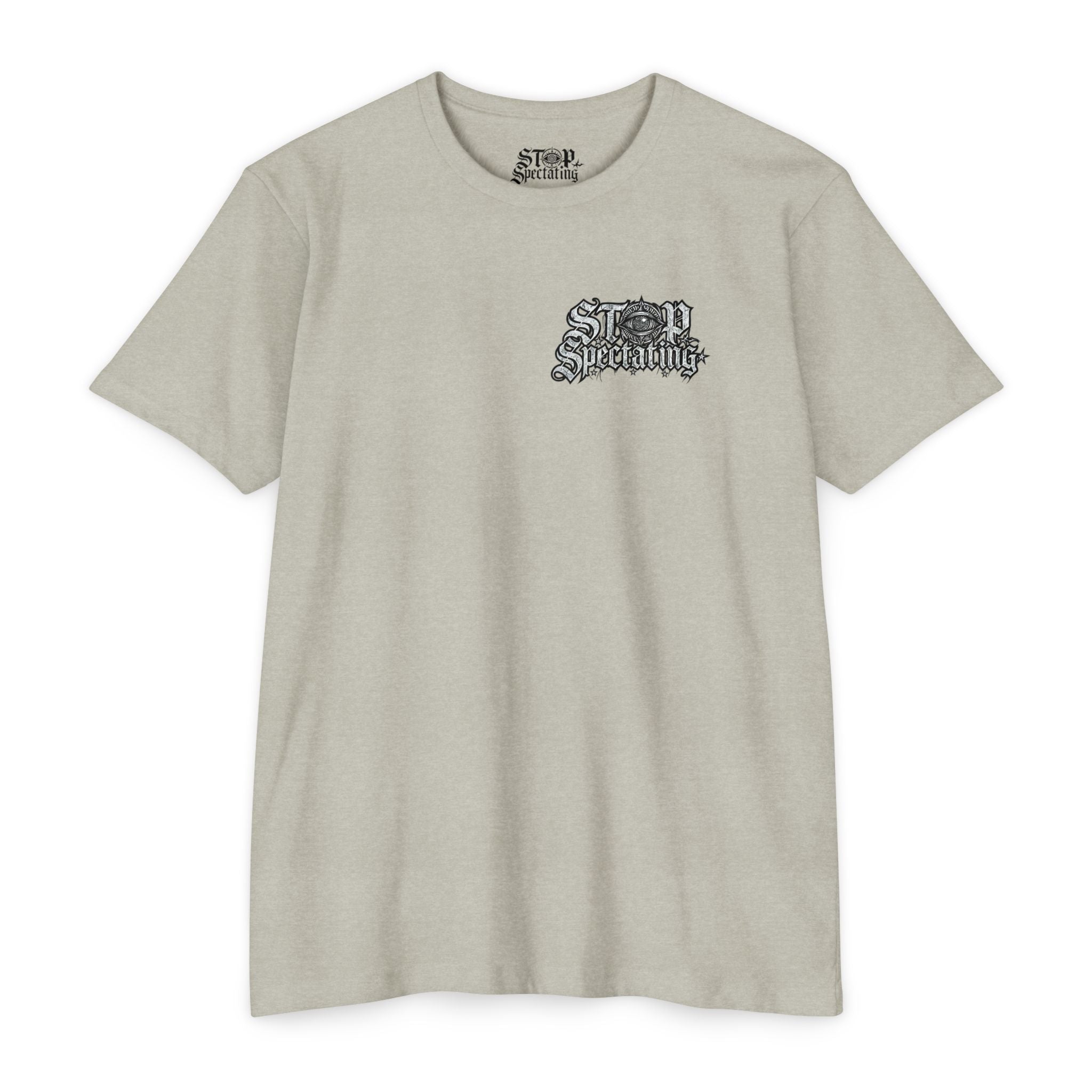 Stop Spectating Left chest/Back Logo Tee - 60/40 Blend/Light Colors
