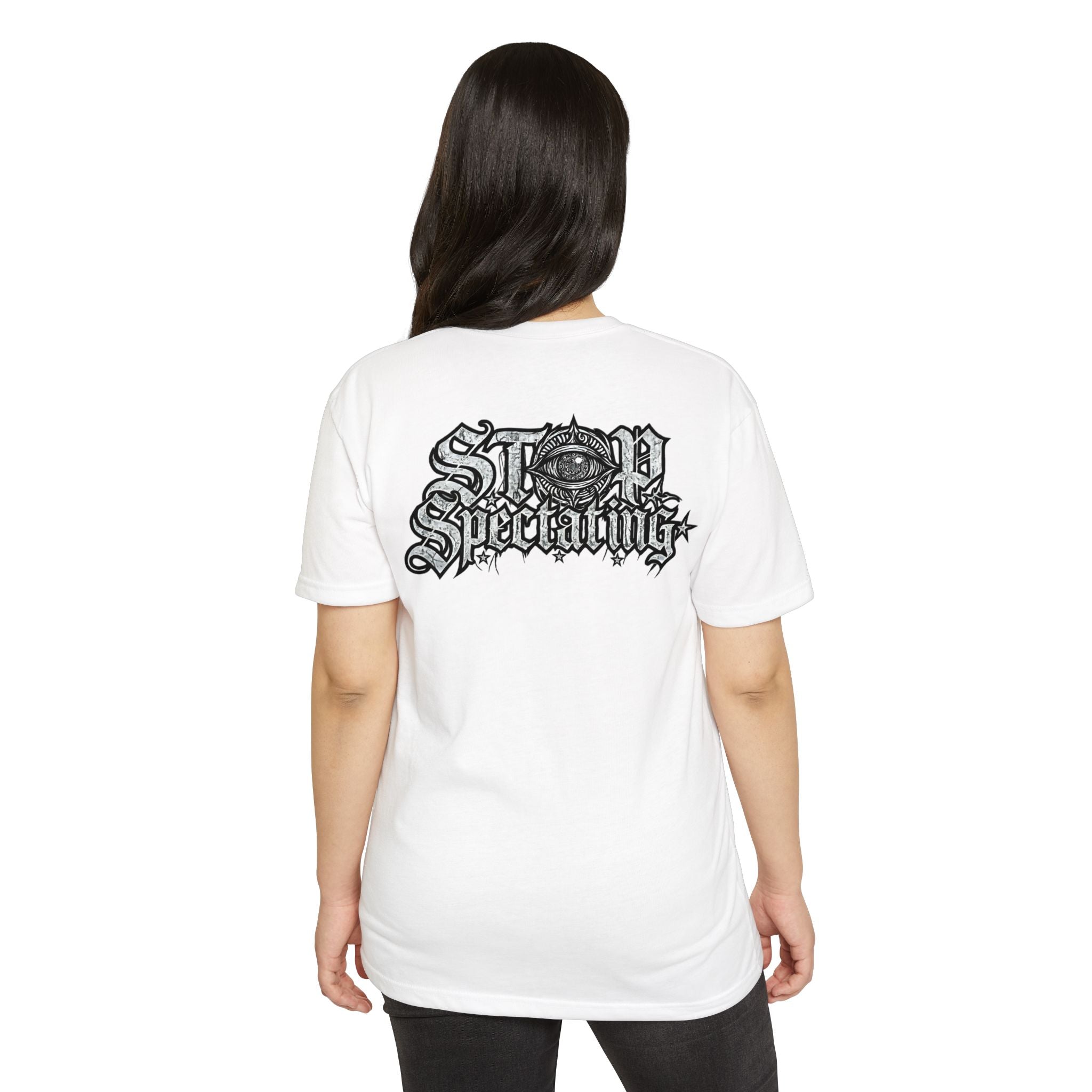 Stop Spectating Left chest/Back Logo Tee - 60/40 Blend/Light Colors