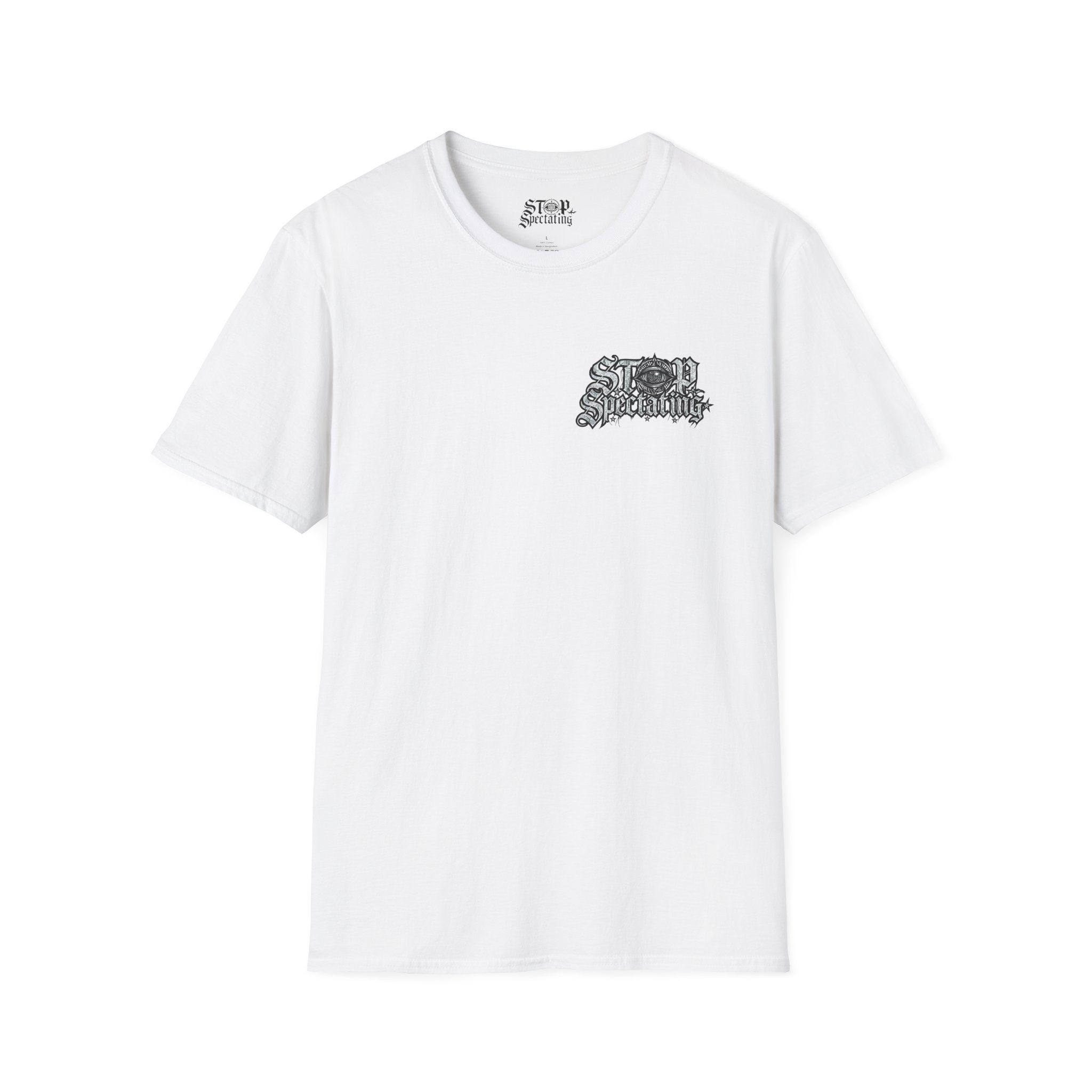Stop Spectating Left Chest/Back Logo Tee - 100% Cotton/Light Colors