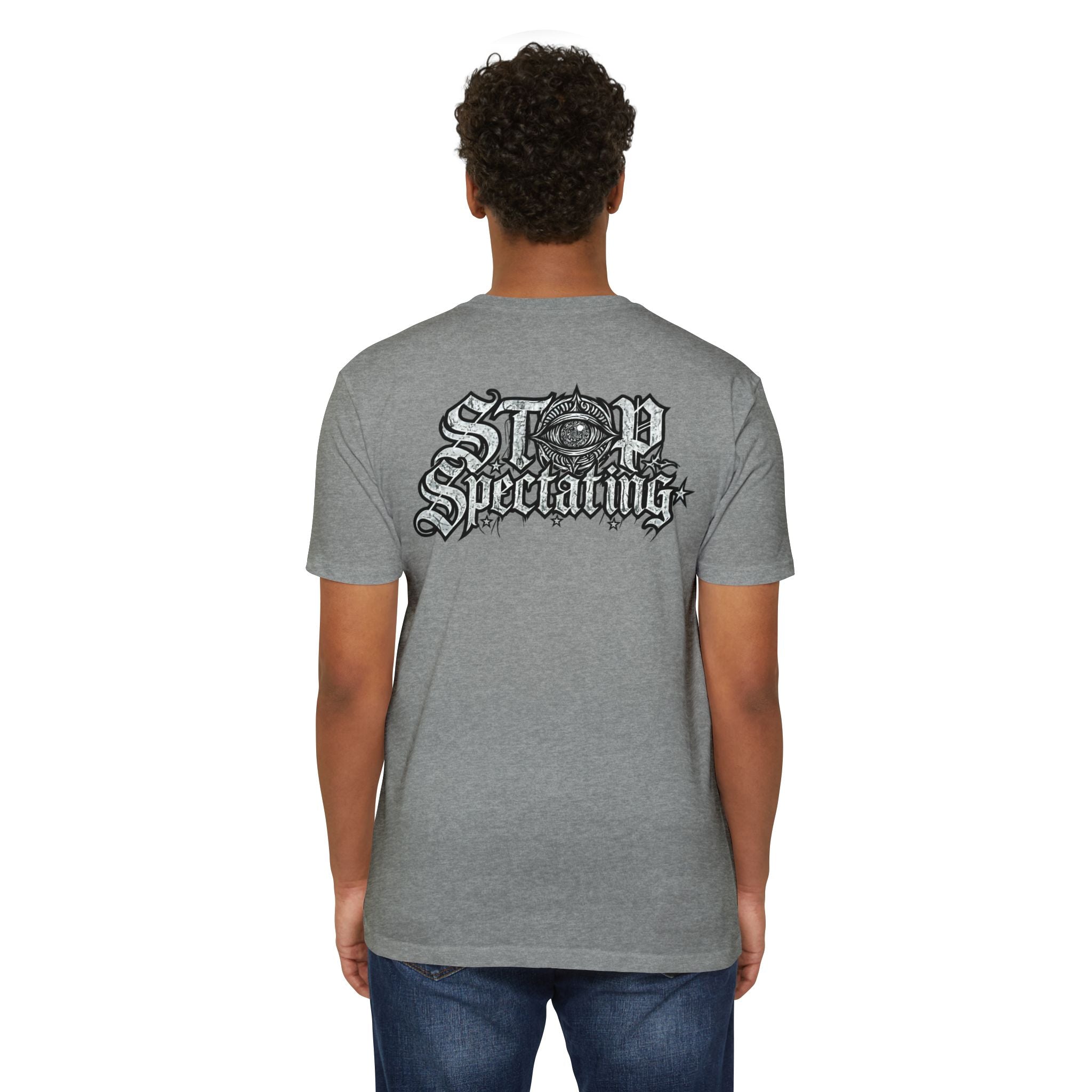 Stop Spectating Left chest/Back Logo Tee - 60/40 Blend/Dark Colors