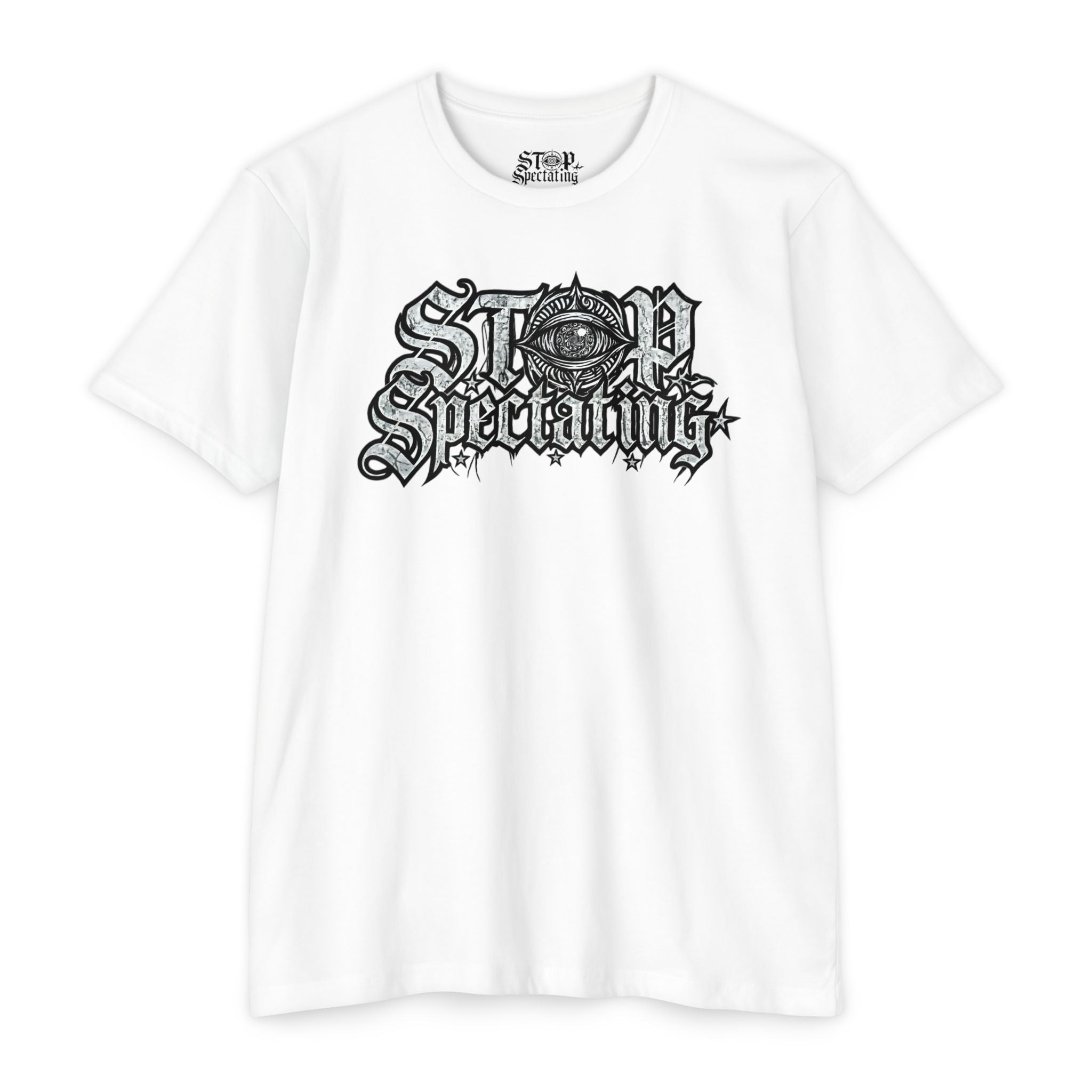 Stop Spectating Large Chest Logo Tee - 60/40 Blend/Light Colors