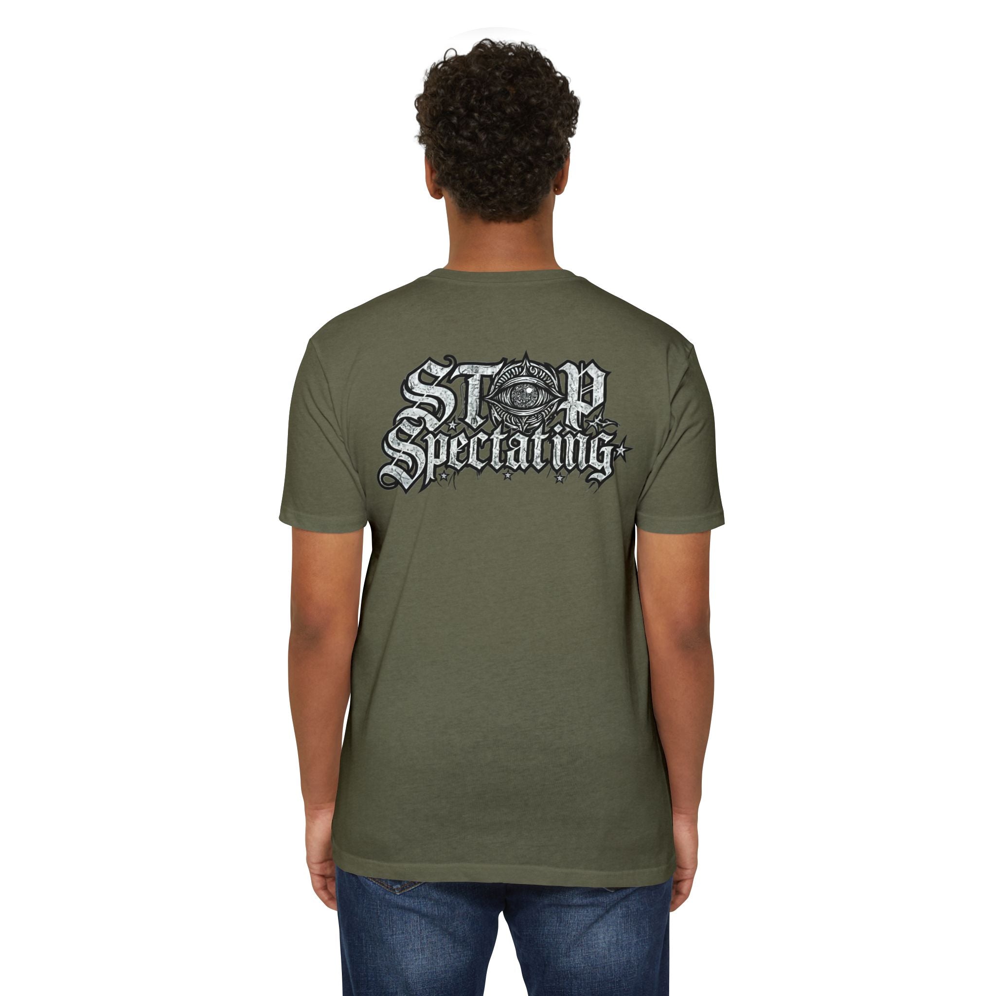 Stop Spectating Left chest/Back Logo Tee - 60/40 Blend/Dark Colors