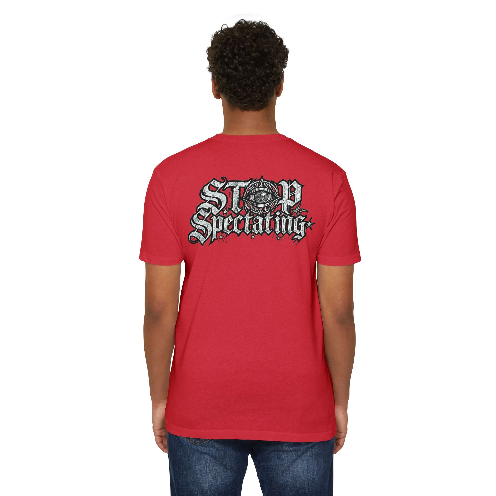 Stop Spectating Left chest/Back Logo Tee - 60/40 Blend/Light Colors