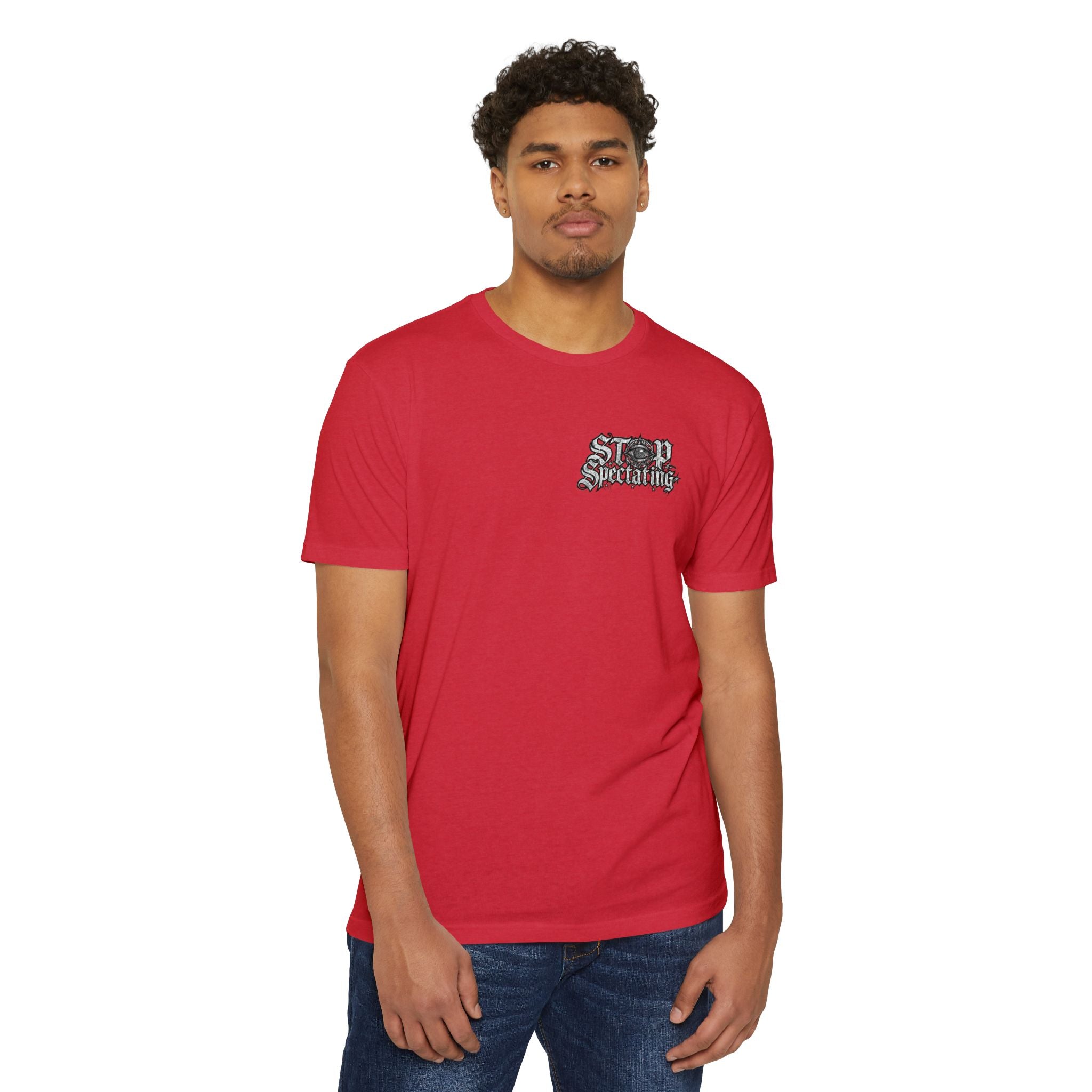 Stop Spectating Left chest/Back Logo Tee - 60/40 Blend/Light Colors
