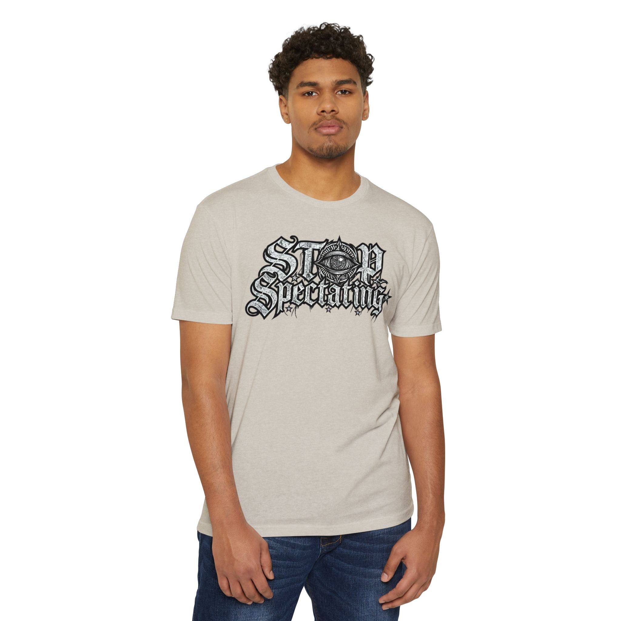 Stop Spectating Large Chest Logo Tee - 60/40 Blend/Light Colors