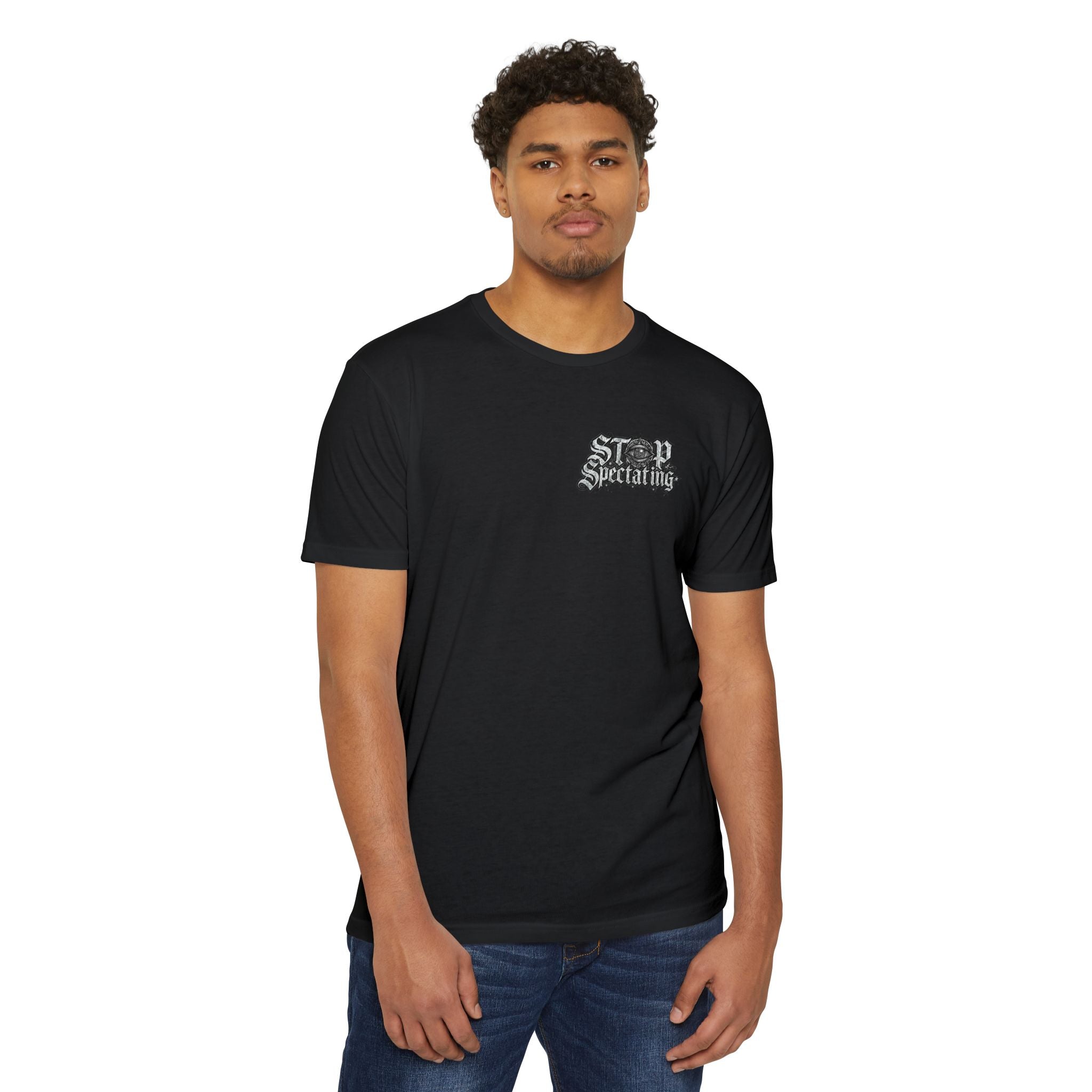 Stop Spectating Left chest/Back Logo Tee - 60/40 Blend/Dark Colors