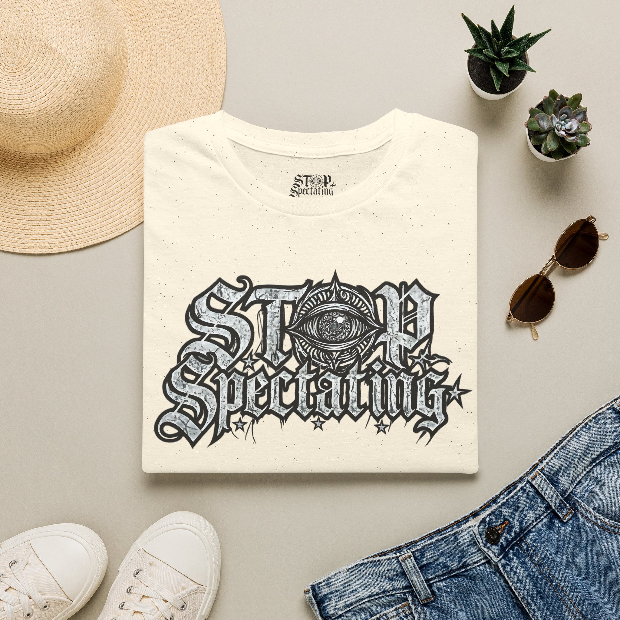 Stop Spectating Large Chest Logo Tee - 100% Cotton/Light Colors