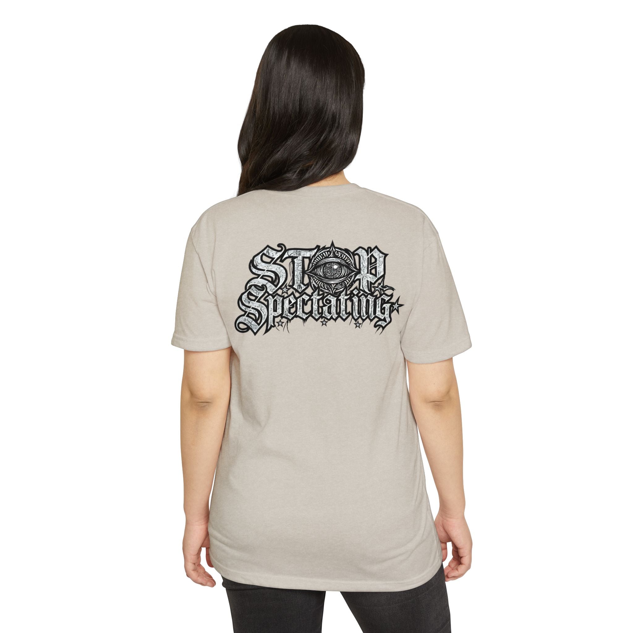 Stop Spectating Left chest/Back Logo Tee - 60/40 Blend/Light Colors