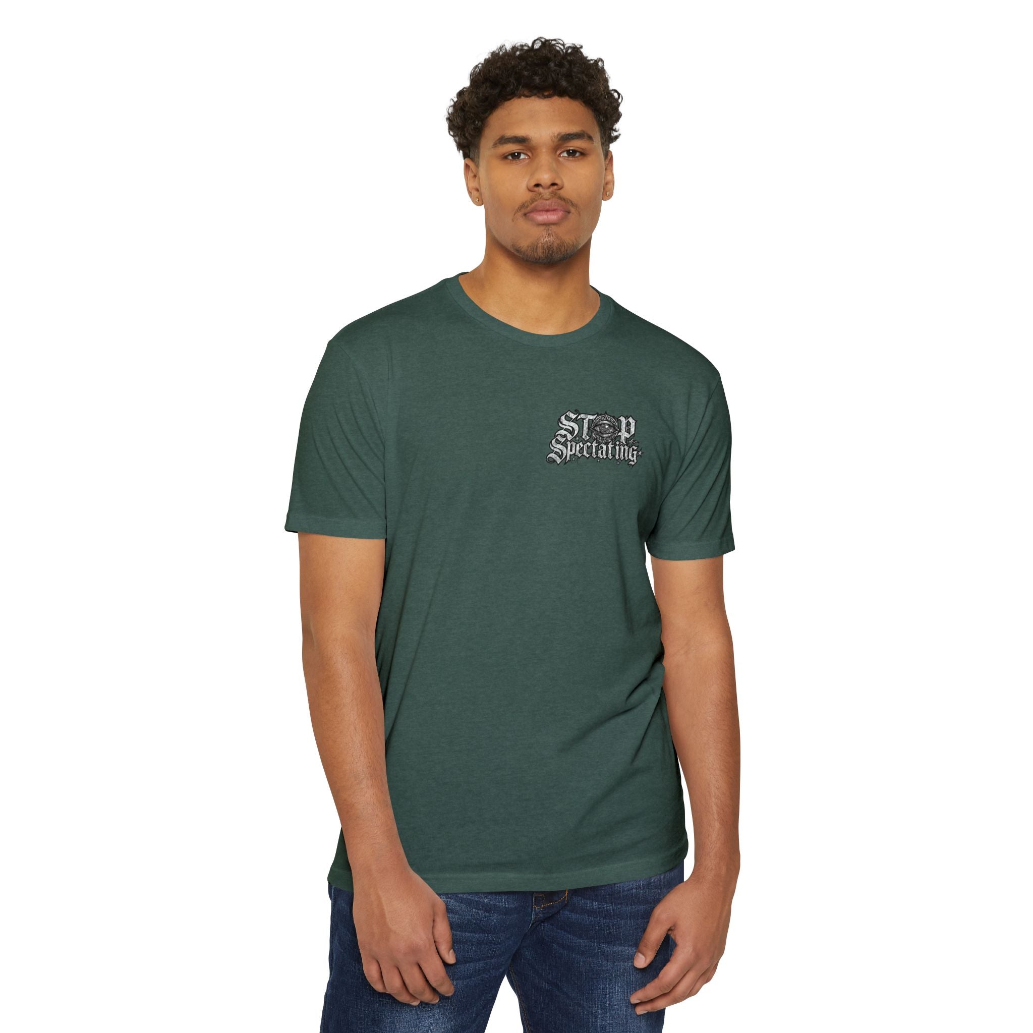 Stop Spectating Left chest/Back Logo Tee - 60/40 Blend/Dark Colors
