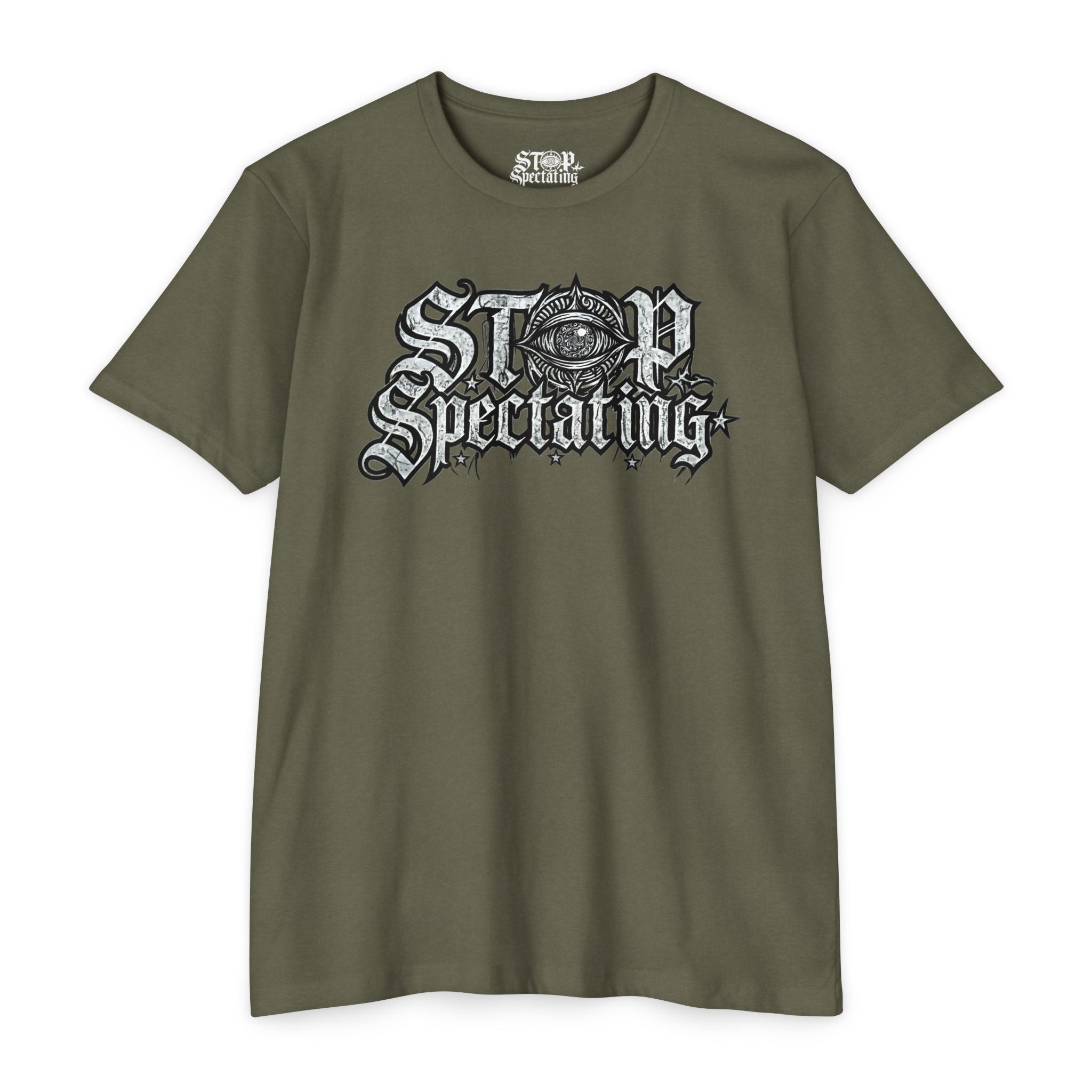 Stop Spectating Large Chest Logo Tee  - 60/40 Blend/Dark Colors
