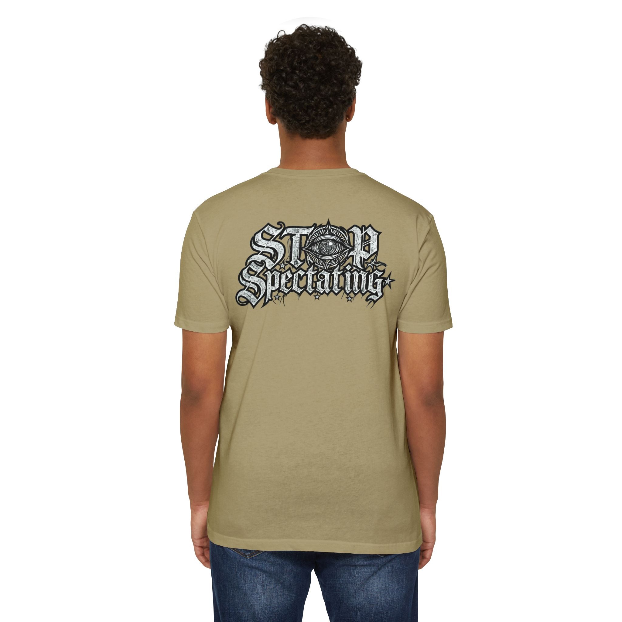 Stop Spectating Left chest/Back Logo Tee - 60/40 Blend/Dark Colors