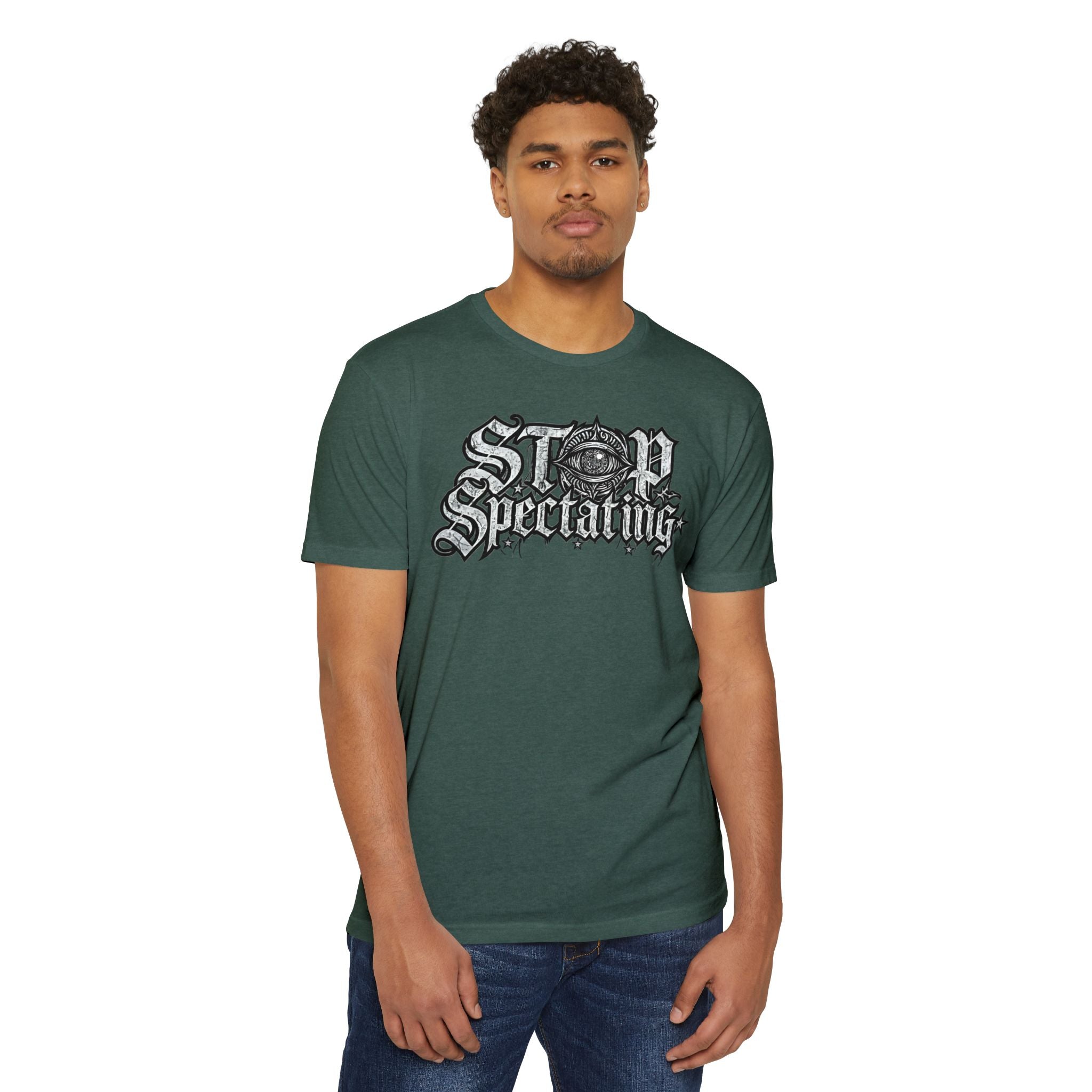 Stop Spectating Large Chest Logo Tee  - 60/40 Blend/Dark Colors