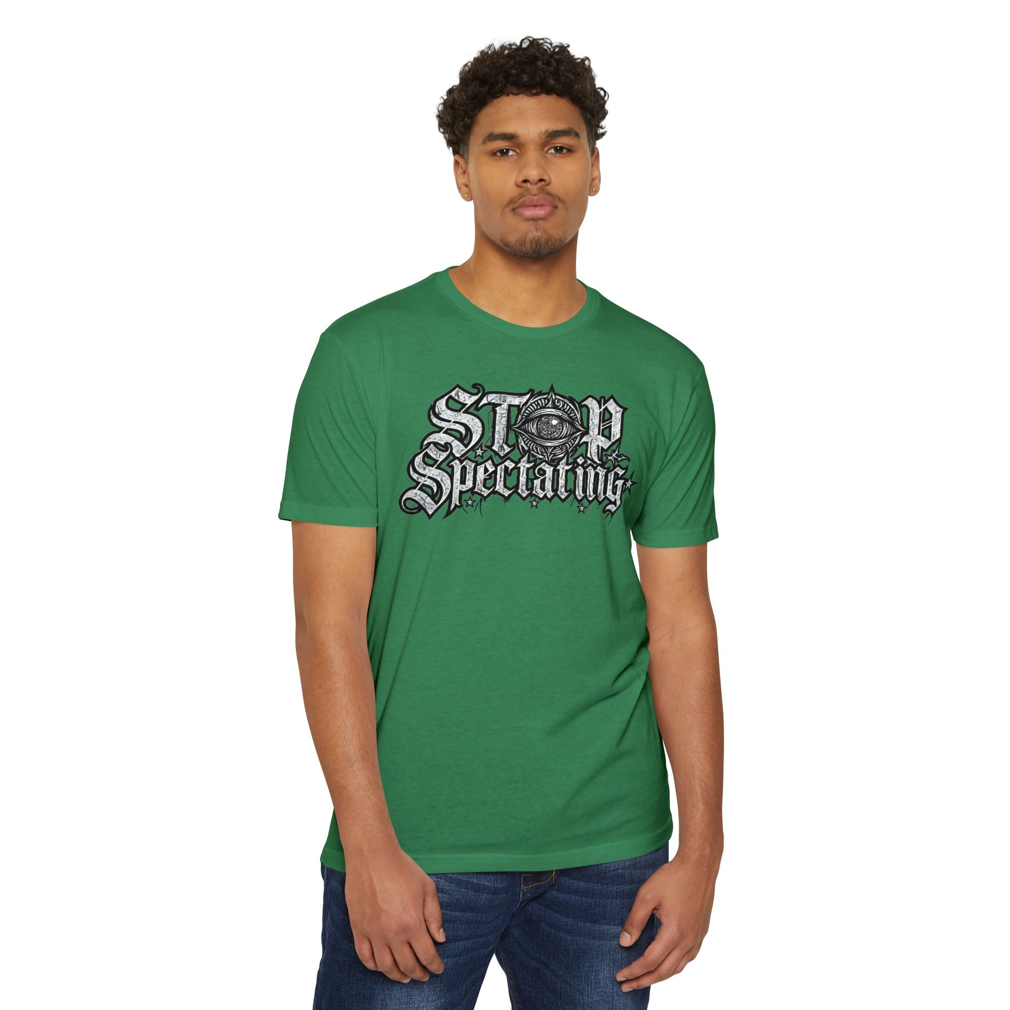 Stop Spectating Large Chest Logo Tee  - 60/40 Blend/Dark Colors