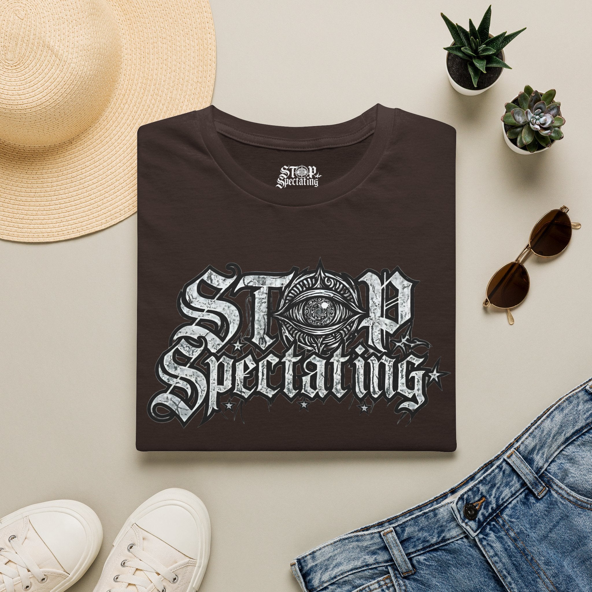 Stop Spectating Large Chest Logo Tee - 100% Cotton/Dark Colors