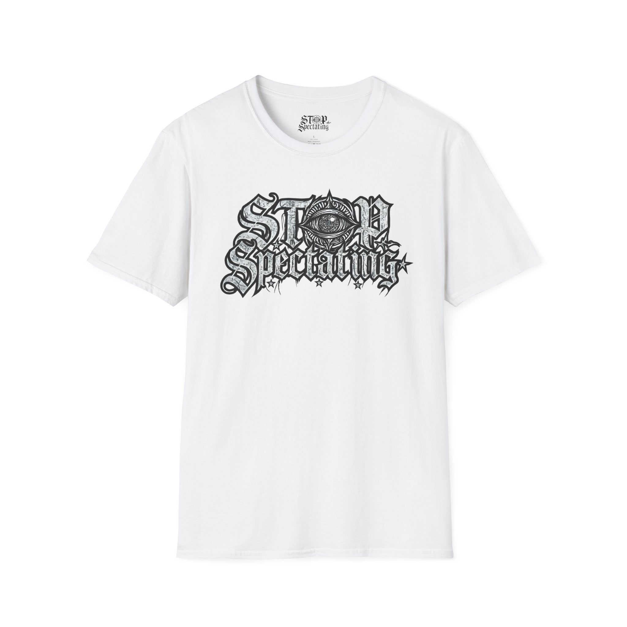 Stop Spectating Large Chest Logo Tee - 100% Cotton/Light Colors