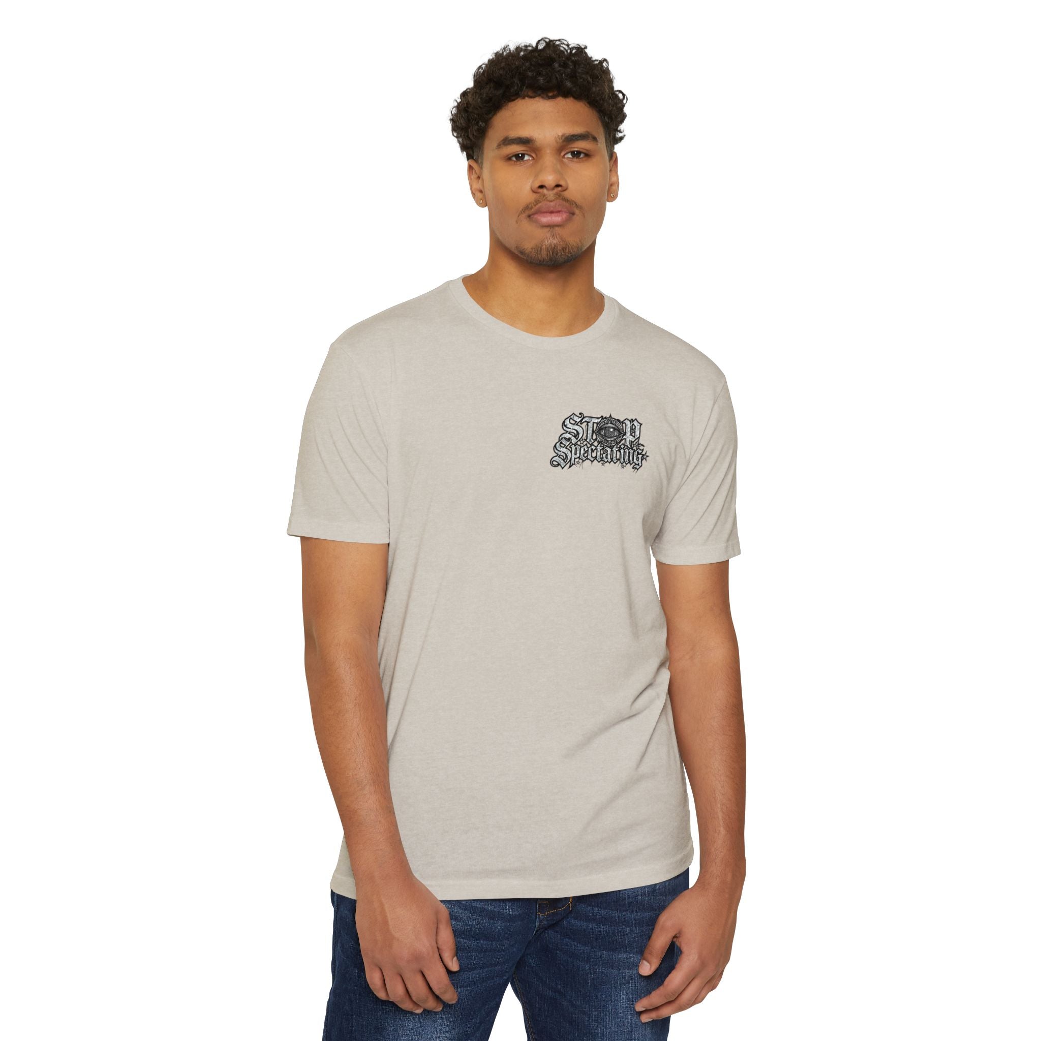 Stop Spectating Left chest/Back Logo Tee - 60/40 Blend/Light Colors