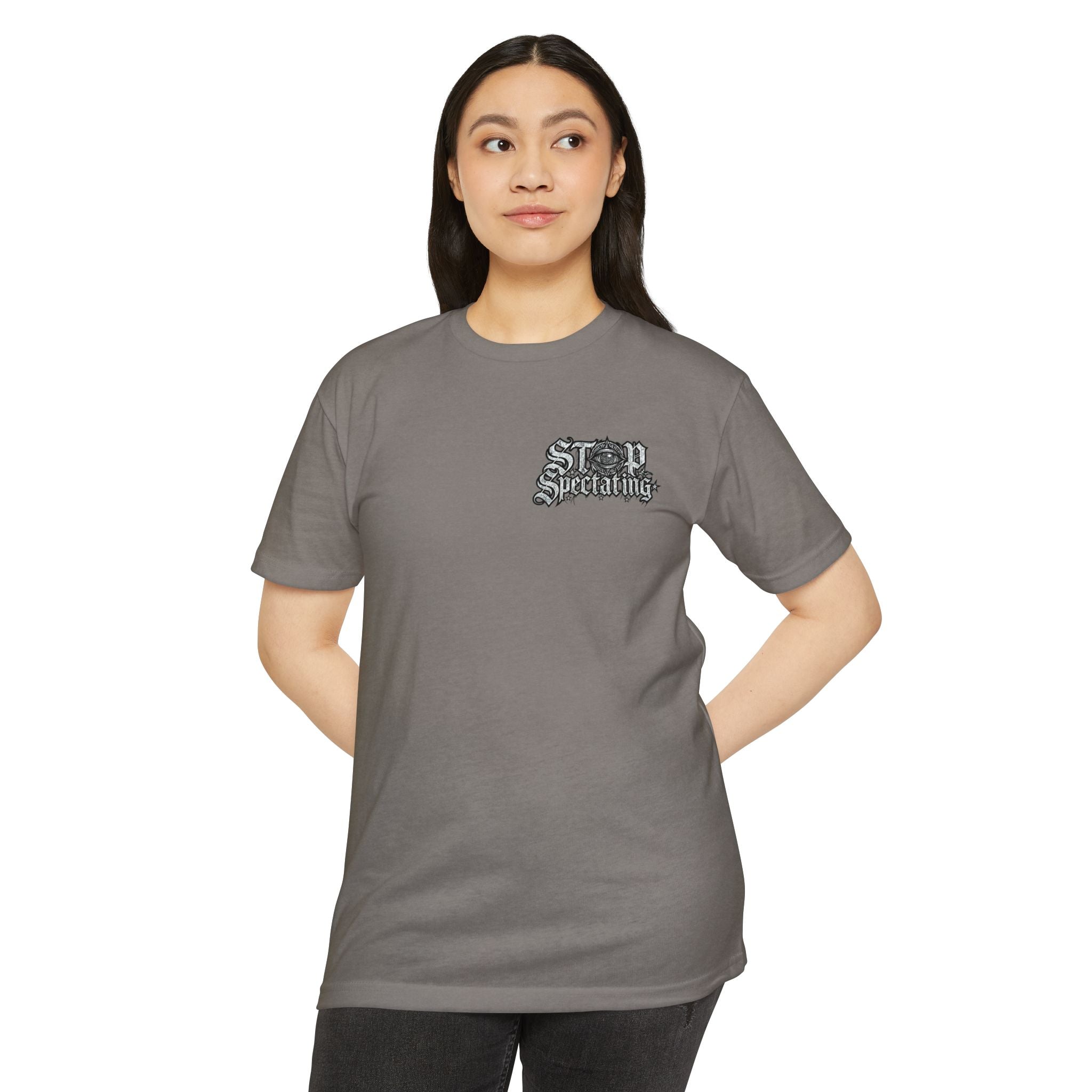 Stop Spectating Left chest/Back Logo Tee - 60/40 Blend/Light Colors