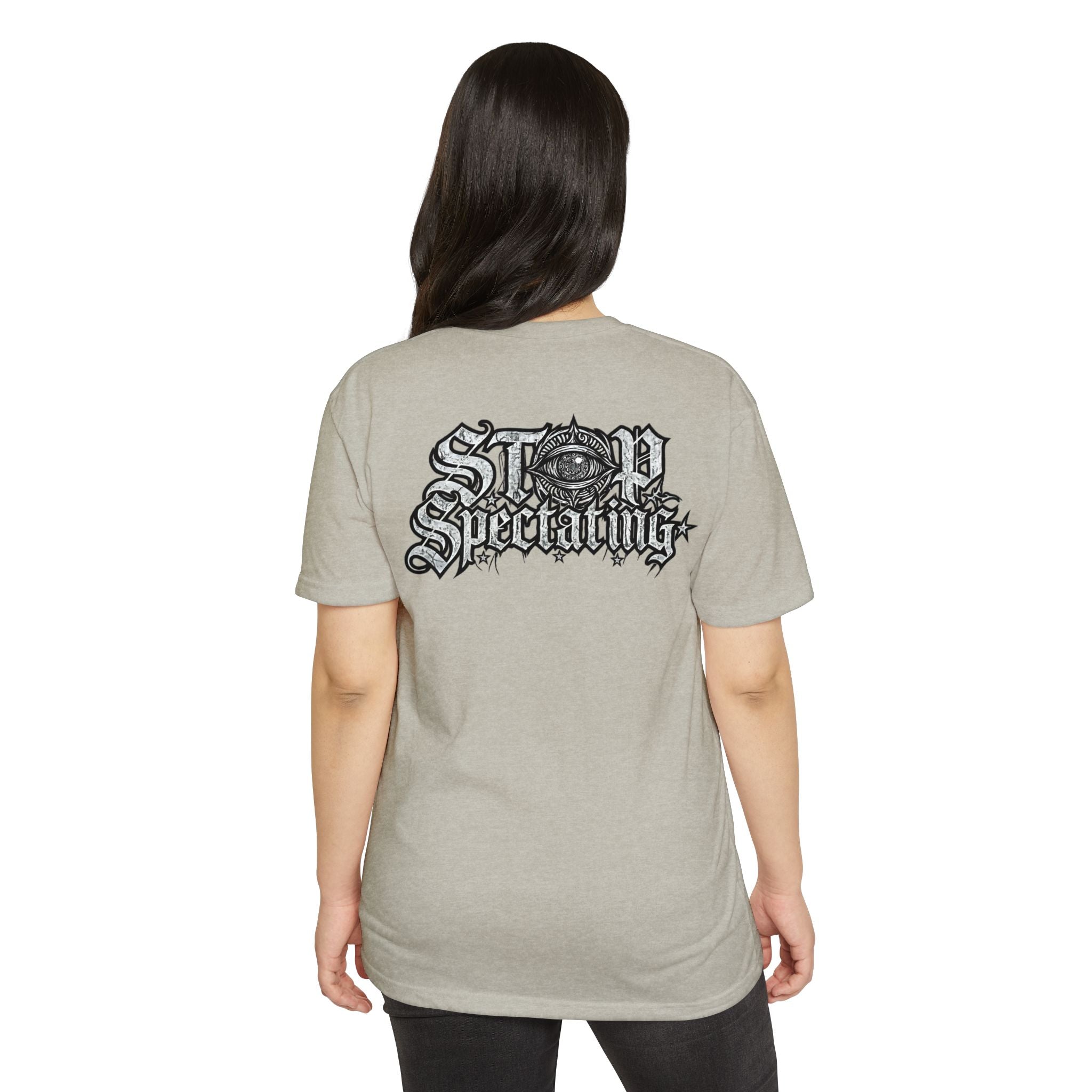 Stop Spectating Left chest/Back Logo Tee - 60/40 Blend/Light Colors