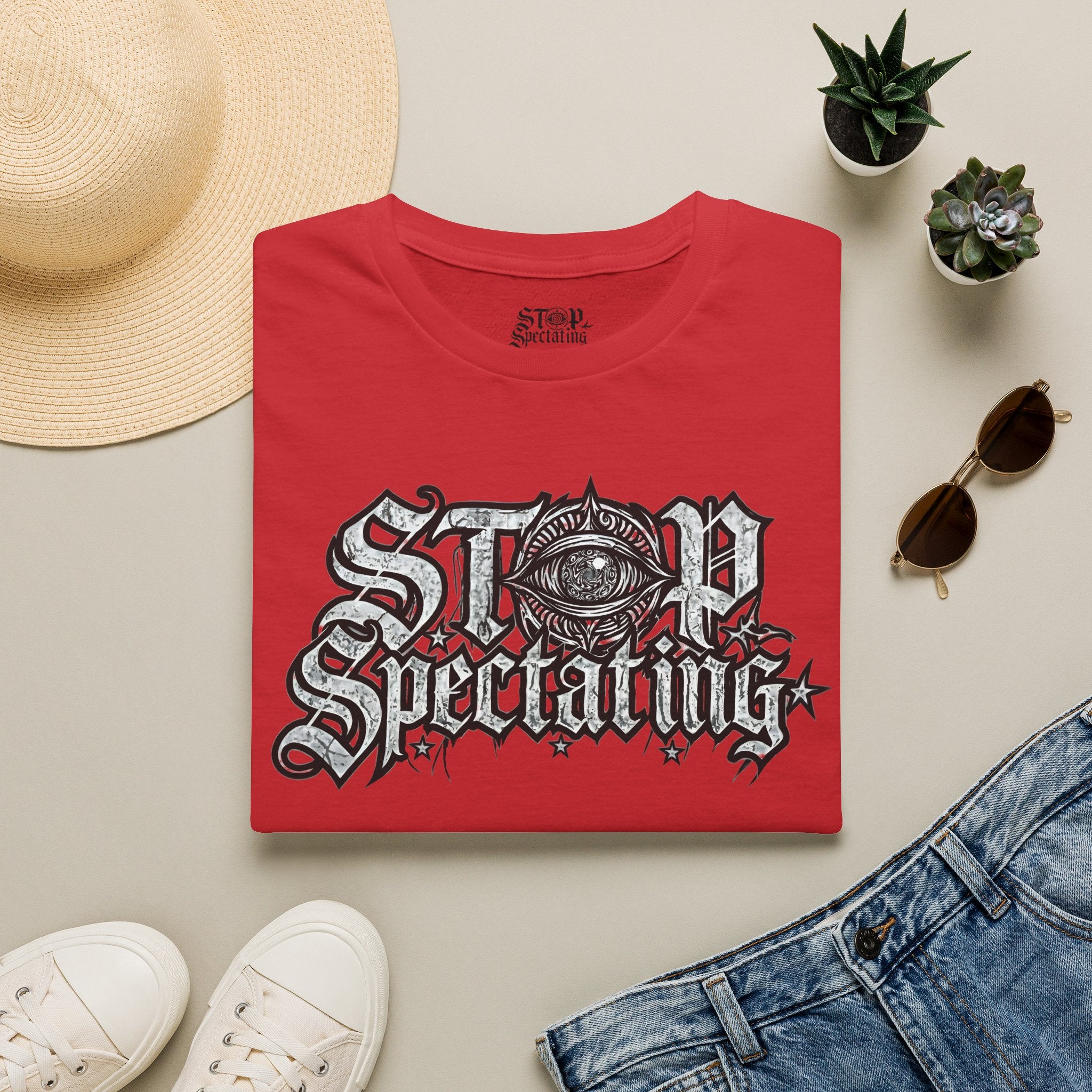 Stop Spectating Large Chest Logo Tee - 100% Cotton/Light Colors