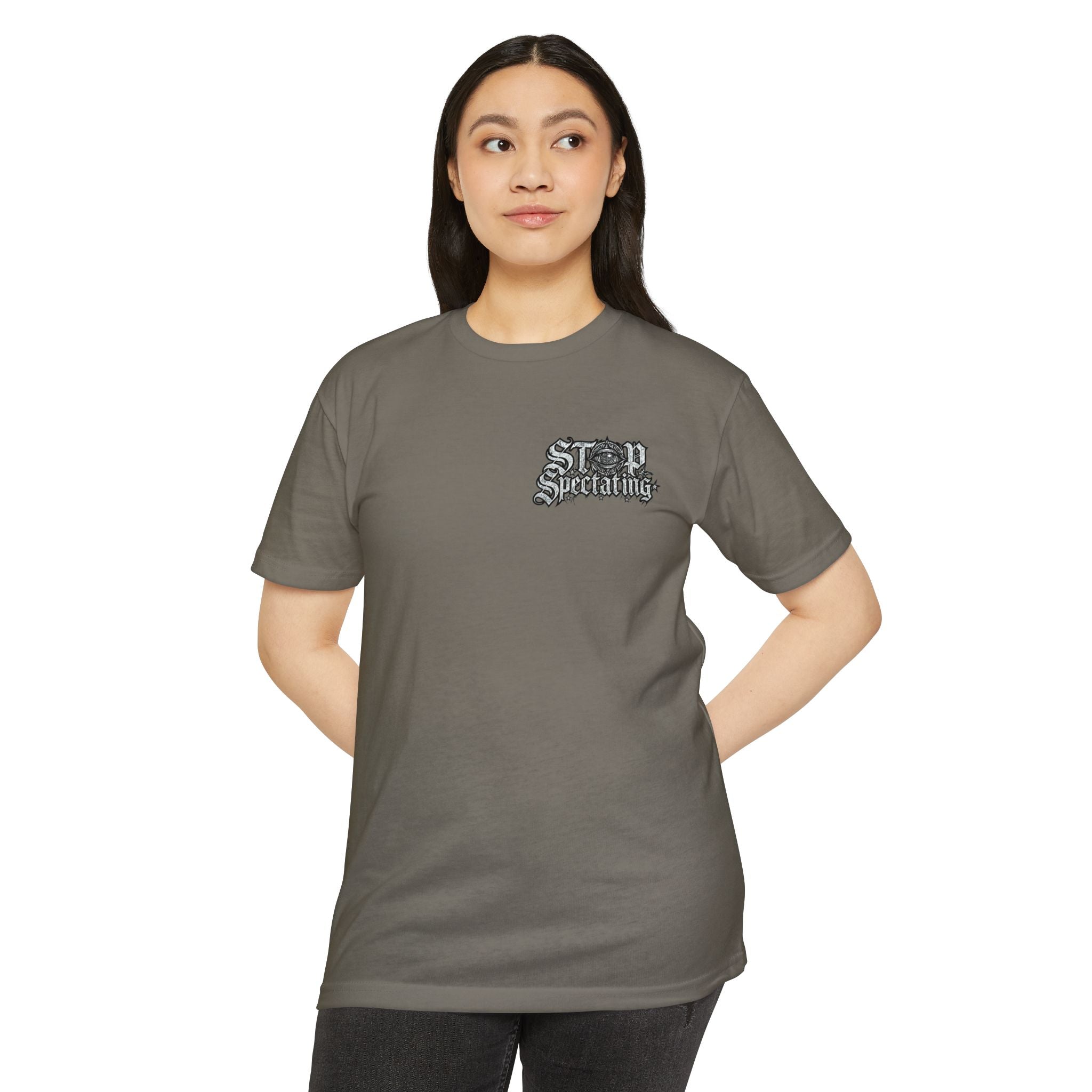 Stop Spectating Left chest/Back Logo Tee - 60/40 Blend/Light Colors