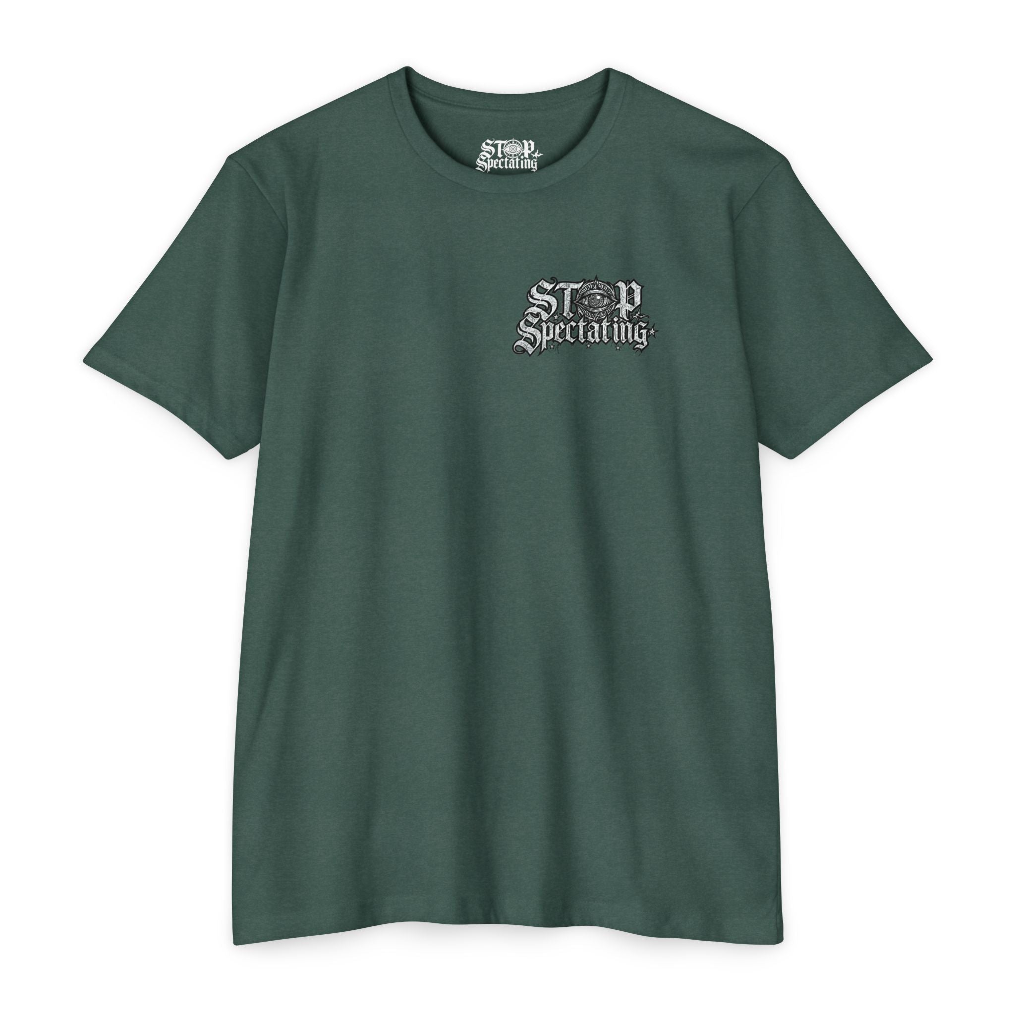 Stop Spectating Left chest/Back Logo Tee - 60/40 Blend/Dark Colors