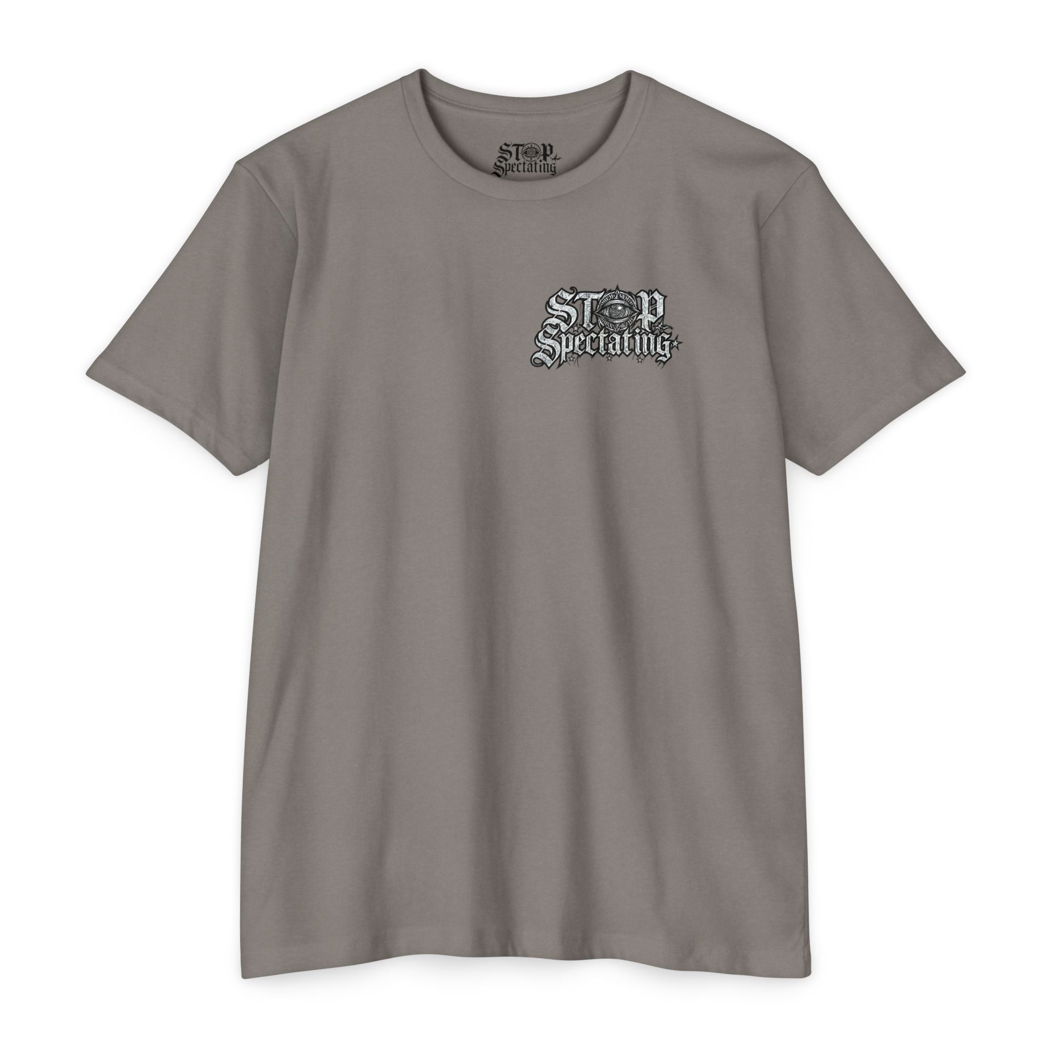 Stop Spectating Left chest/Back Logo Tee - 60/40 Blend/Light Colors