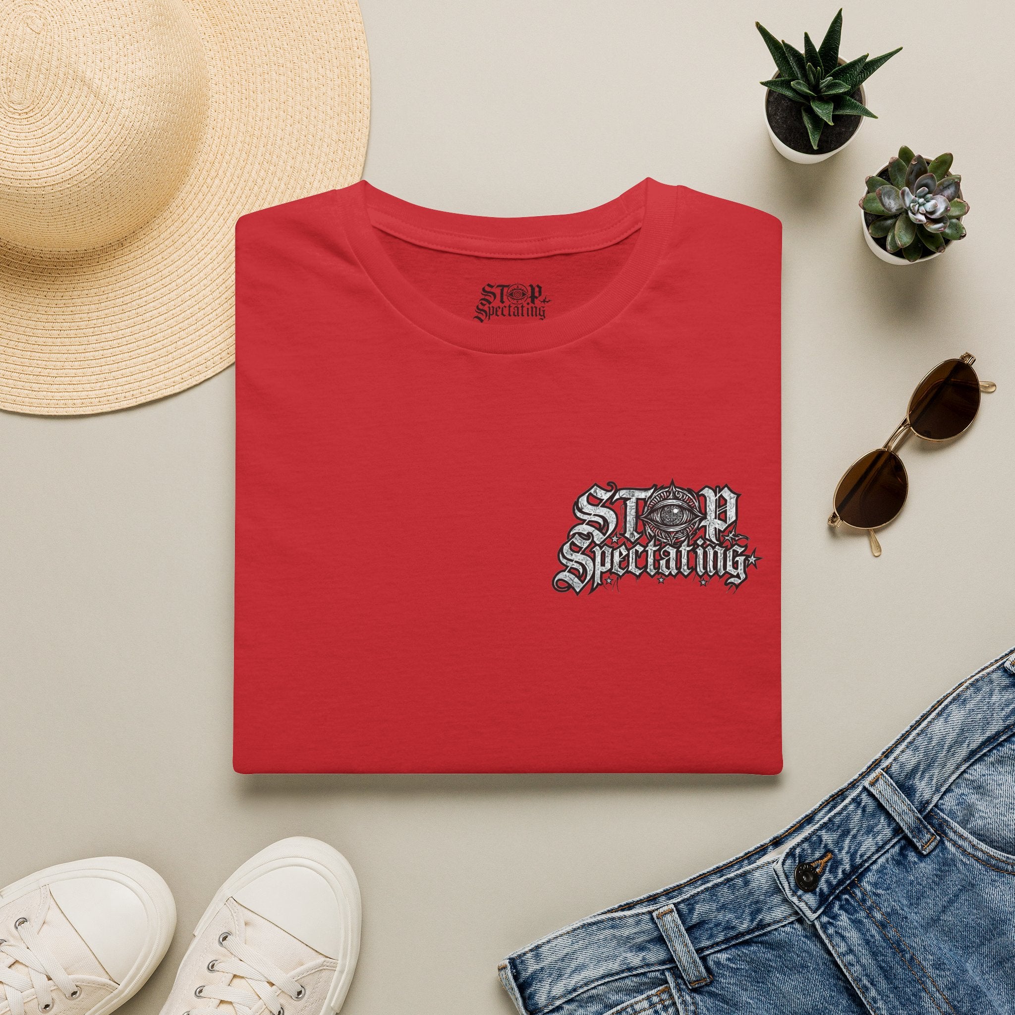 Stop Spectating Left Chest/Back Logo Tee - 100% Cotton/Light Colors