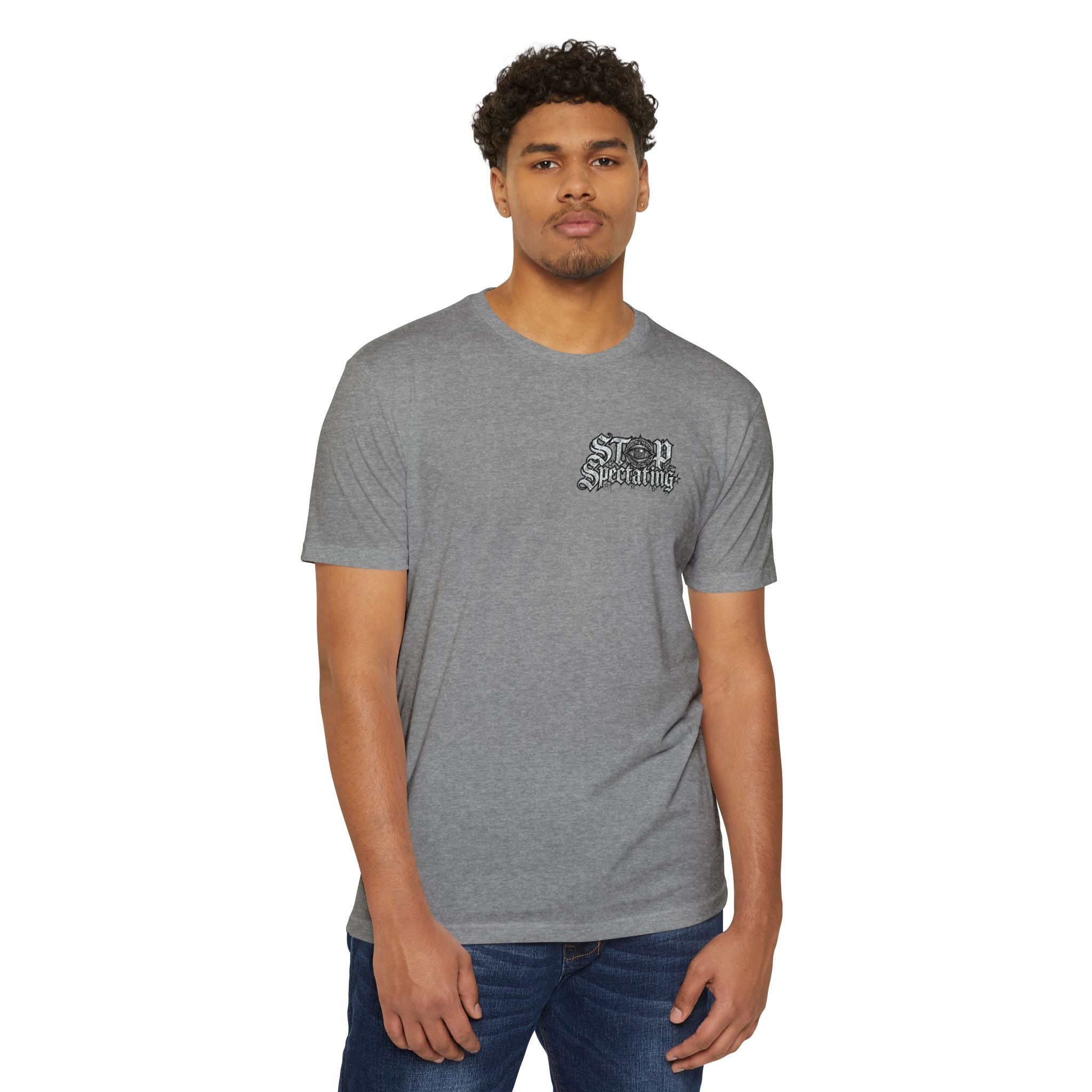 Stop Spectating Left chest/Back Logo Tee - 60/40 Blend/Dark Colors