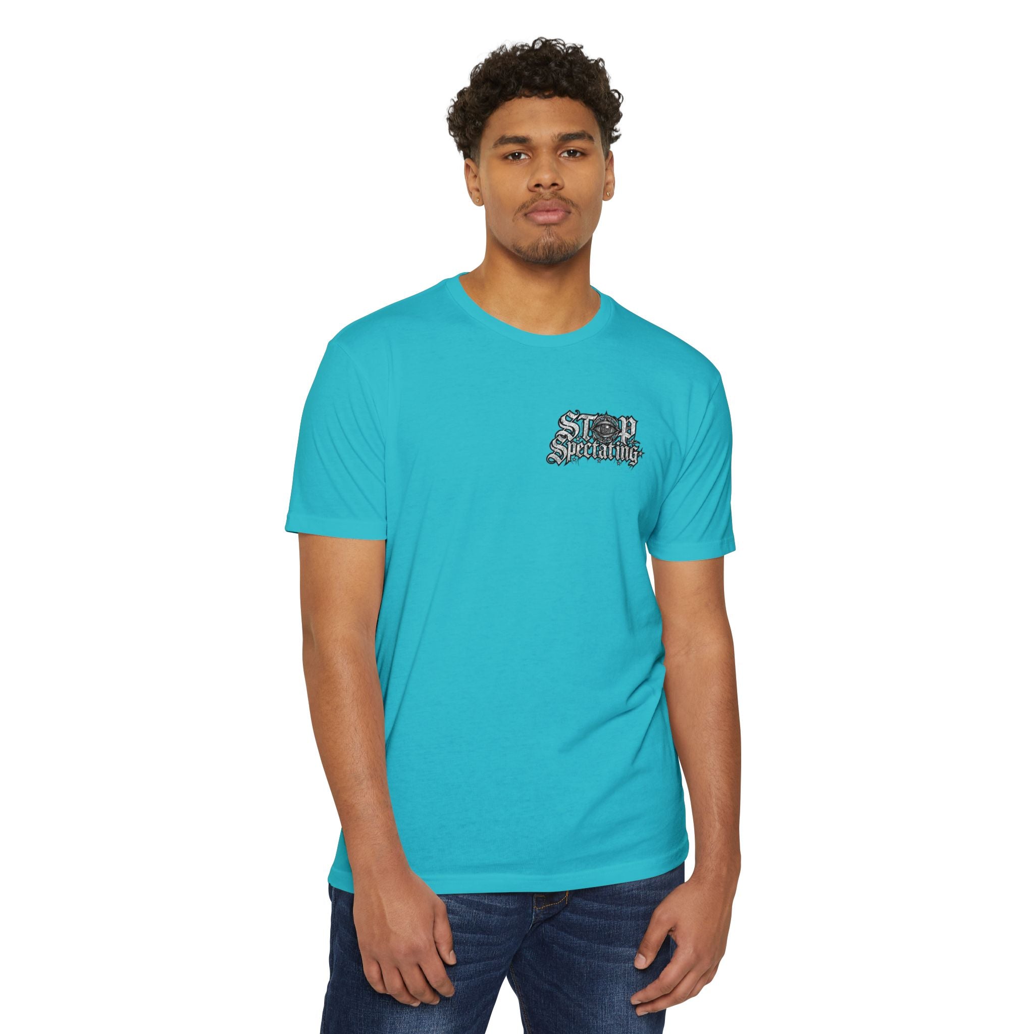 Stop Spectating Left chest/Back Logo Tee - 60/40 Blend/Light Colors