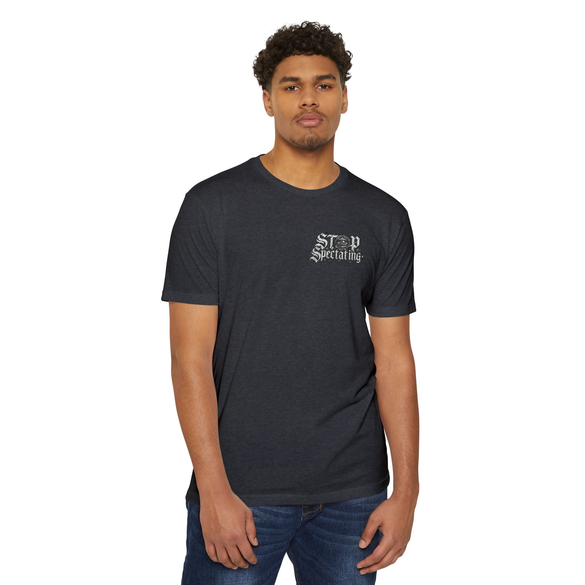 Stop Spectating Left chest/Back Logo Tee - 60/40 Blend/Dark Colors