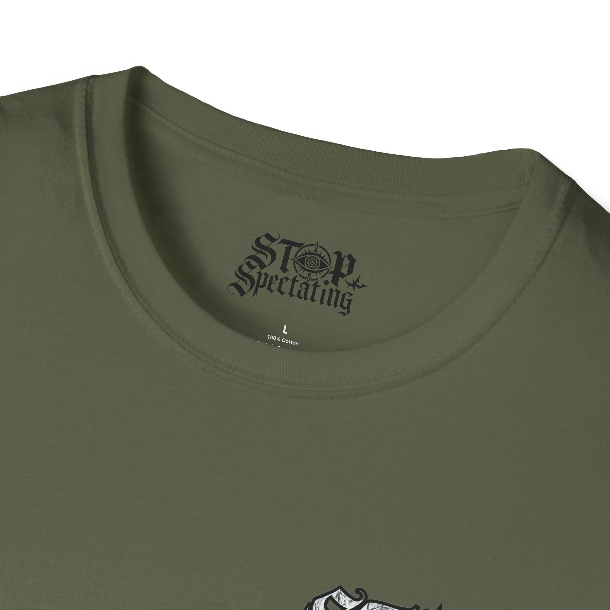 Stop Spectating Left Chest/Back Logo Tee - 100% Cotton/Light Colors