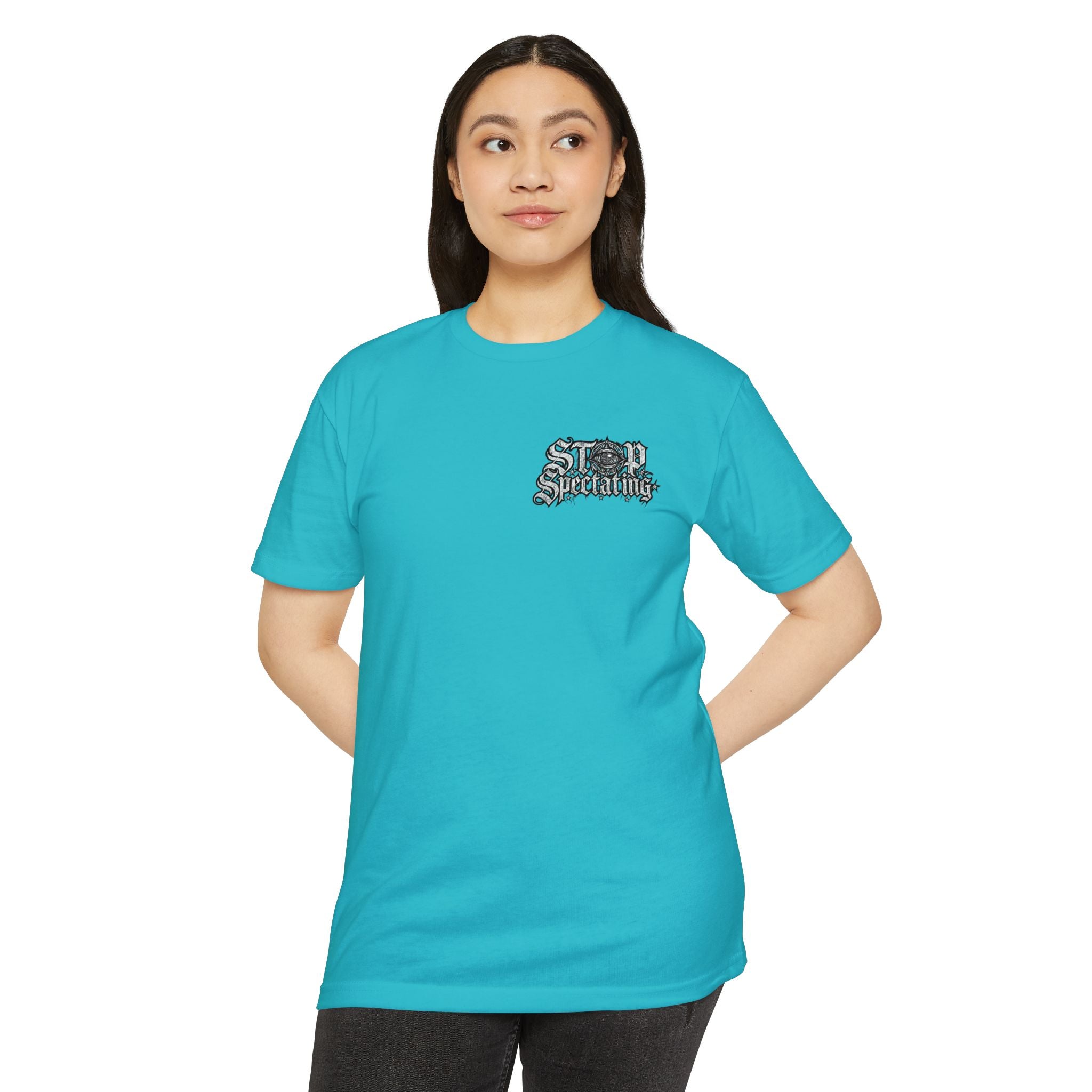Stop Spectating Left chest/Back Logo Tee - 60/40 Blend/Light Colors