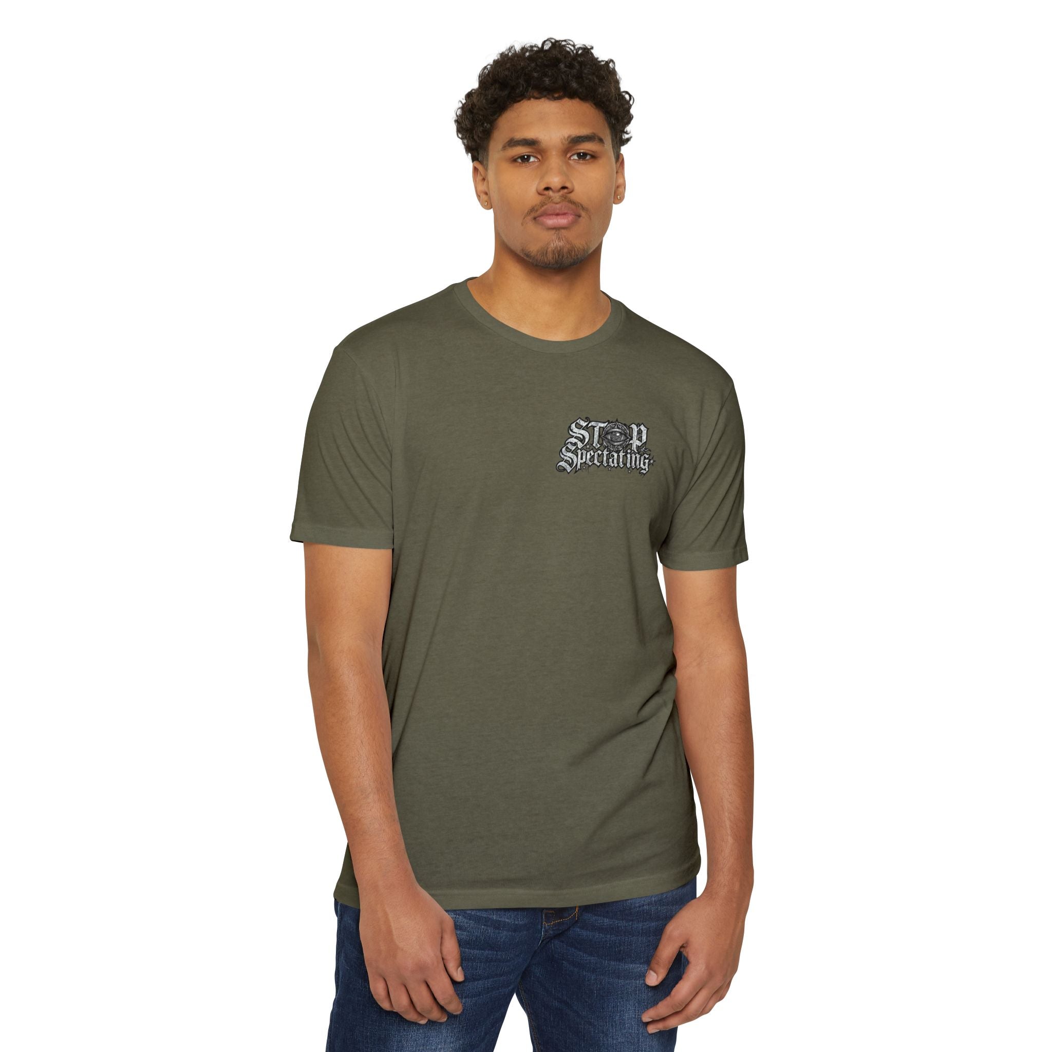 Stop Spectating Left chest/Back Logo Tee - 60/40 Blend/Dark Colors