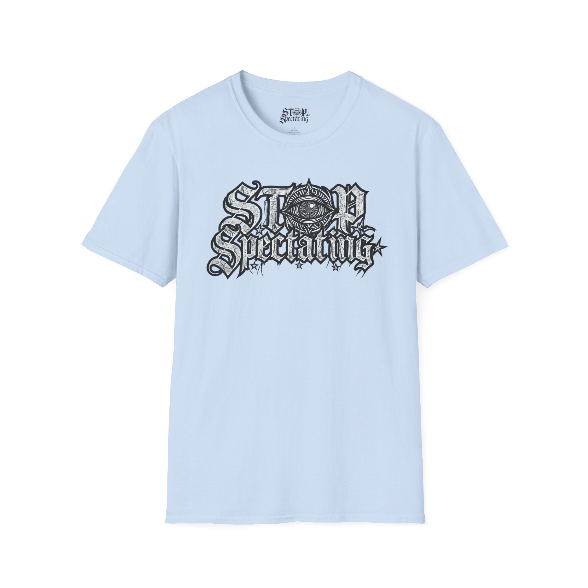 Stop Spectating Large Chest Logo Tee - 100% Cotton/Light Colors